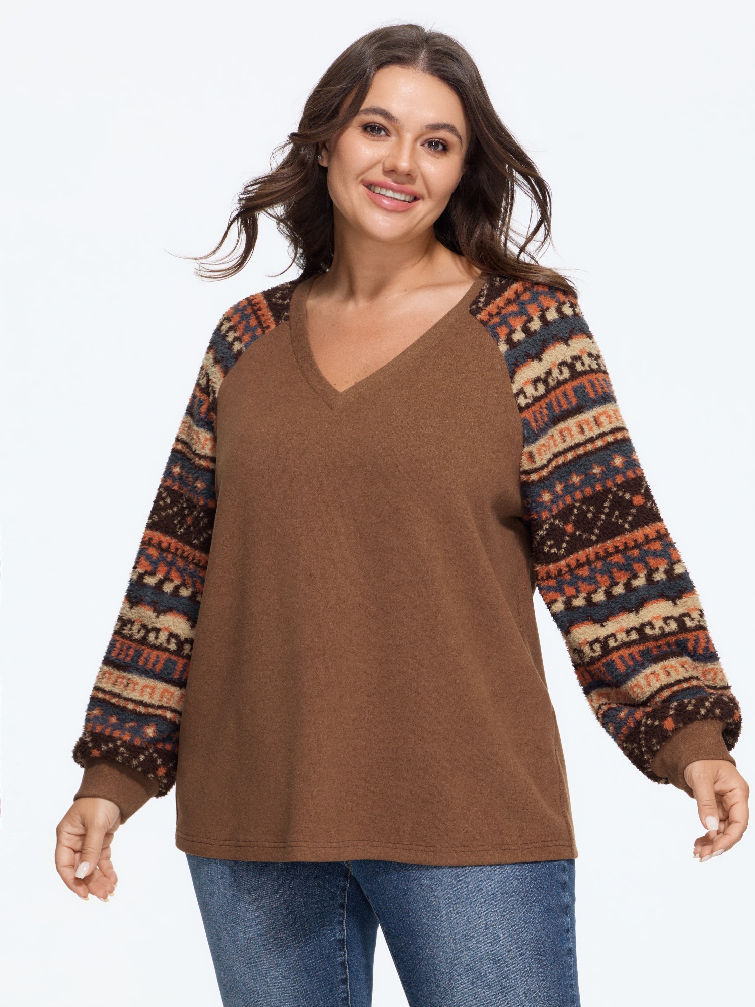 BloomChic Women's Plus Size Stretch Sherpa Fleece Raglan Sleeve Patchwork Brushed Sweatshirt Root Beer Everyday-Casual V-Neck 28/5X