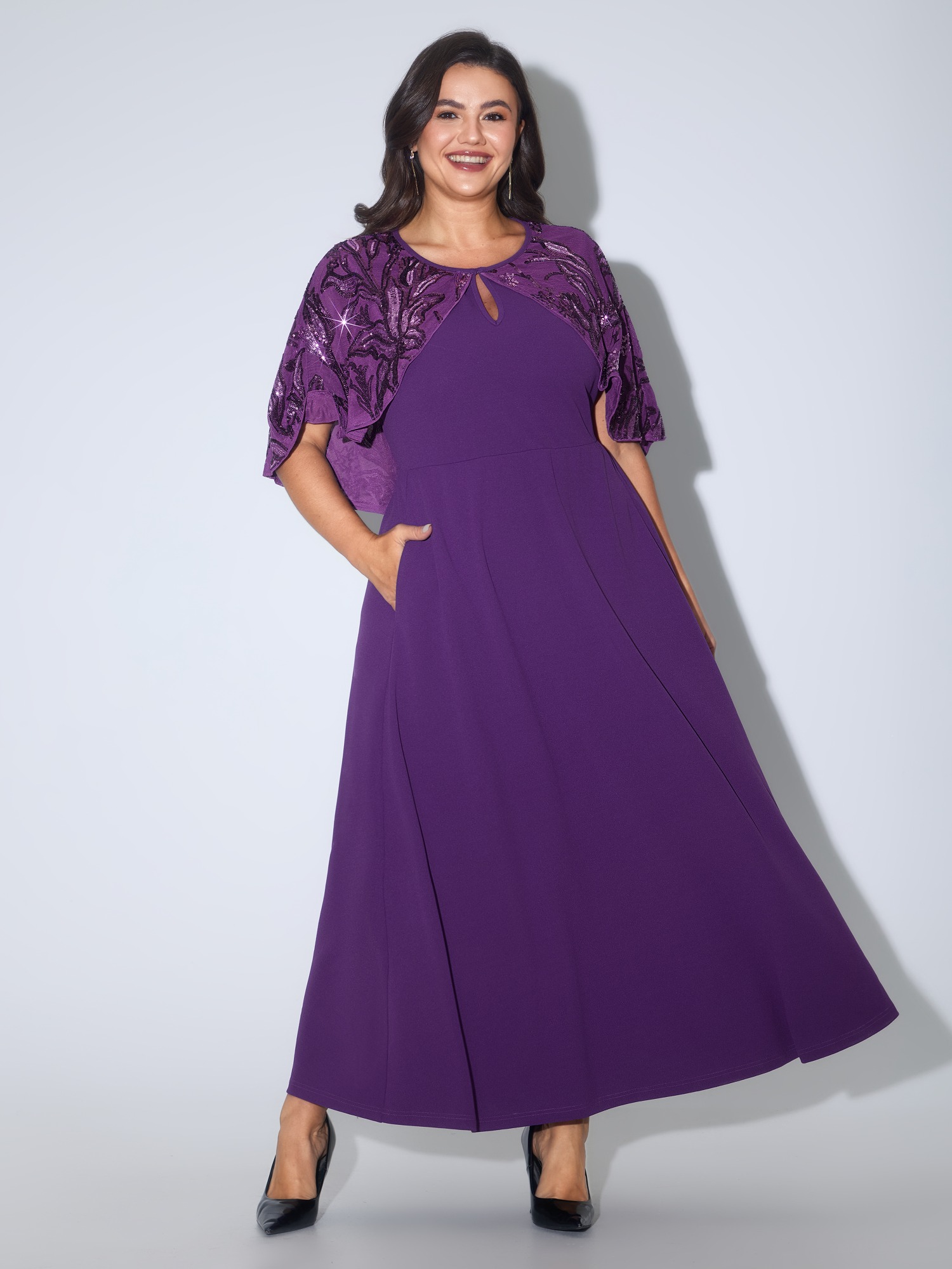 BloomChic Women's Plus Size Sequin Capelet Keyhole Neck Maxi Dress Royal Purple Occasion Maxi Round Neck 10/M