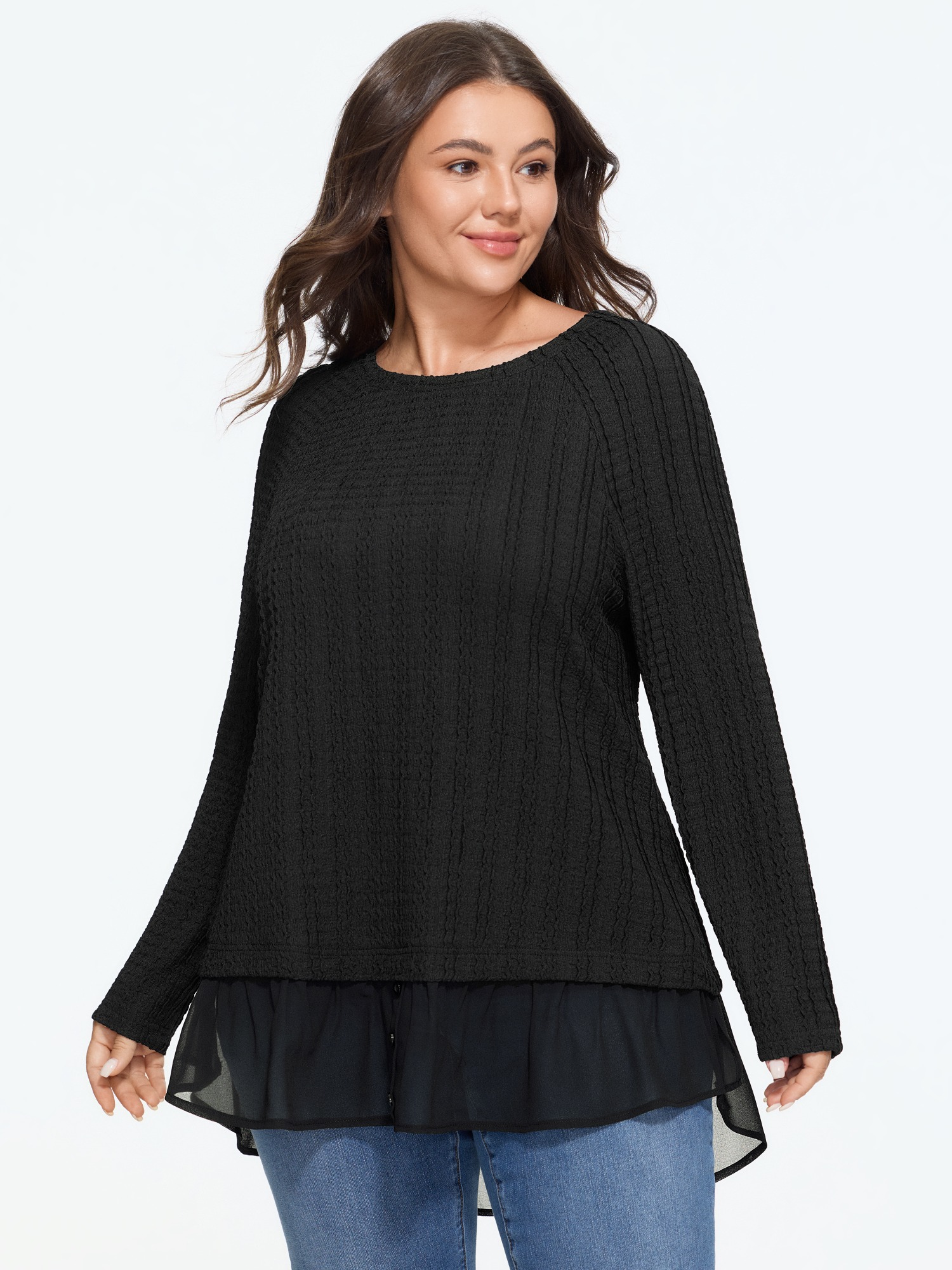 BloomChic Women's Plus Size Textured Patchwork Flowy High Low Hem Top Black Long Sleeve Everyday-Casual Round Neck 10/M
