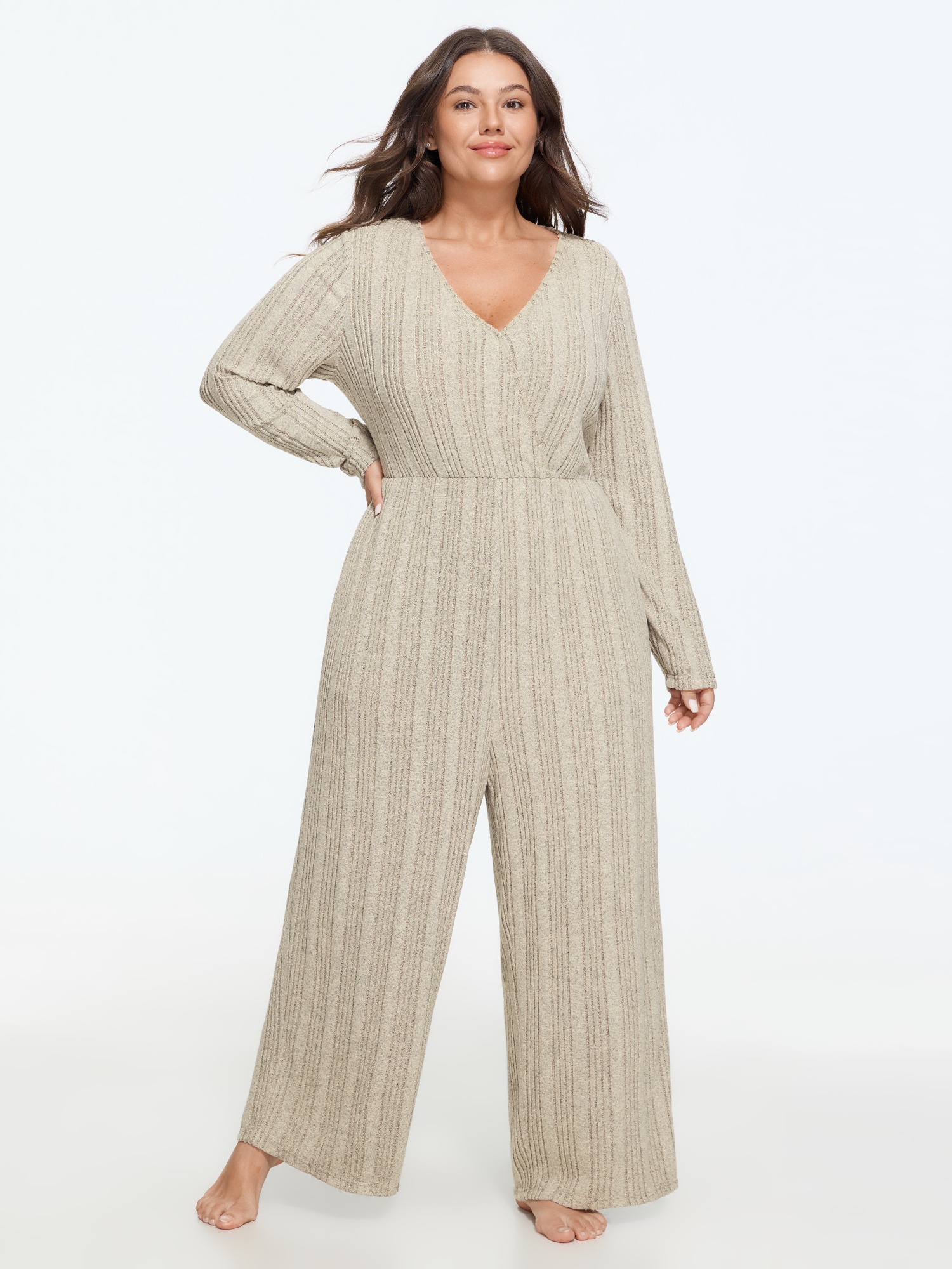 BloomChic Women's Plus Size Supersoft Stretch Ribbed Lounge Jumpsuit Pumice Stone 10/M