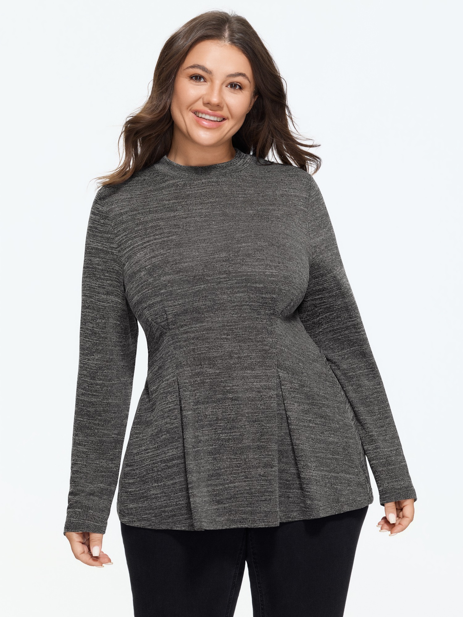 BloomChic Women's Plus Size Supersoft Stretch Heather Pleated Flared Hem Top Dark Core Long Sleeve Everyday-Casual Stand Collar 10/M