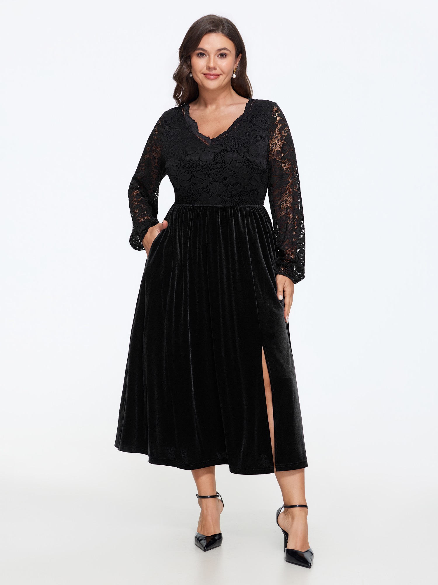 BloomChic Women's Plus Size Stretch Velvet Sheer Lace Split Hem Midi Dress Black Solid Maxi Everyday-Elegant 10/M