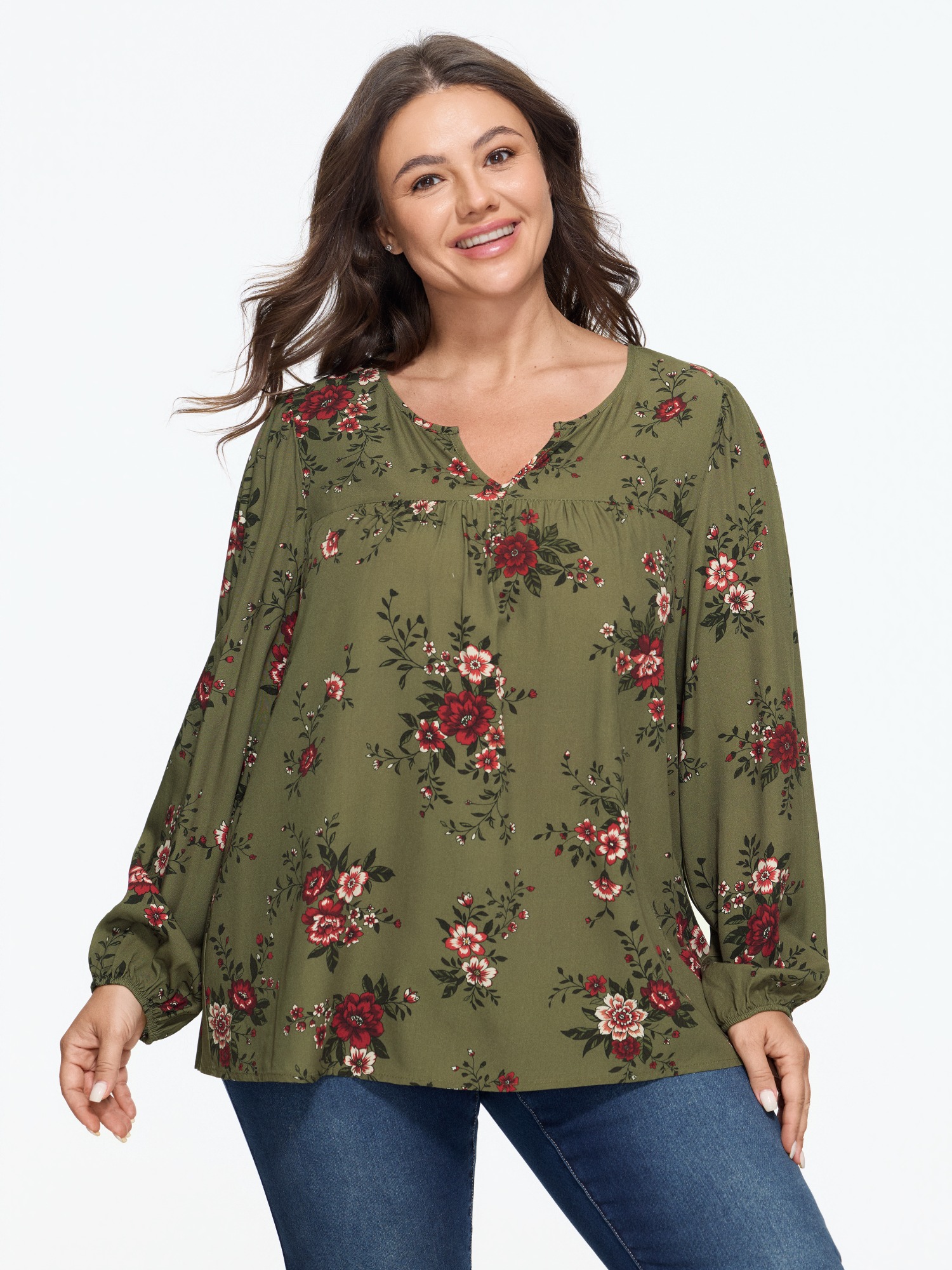 BloomChic Women's Plus Size Supersoft Floral Print Elastic Cuffs Loose Blouse Capulet Olive Floral Everyday-Casual Long Sleeve V-Notch Neck 10/M