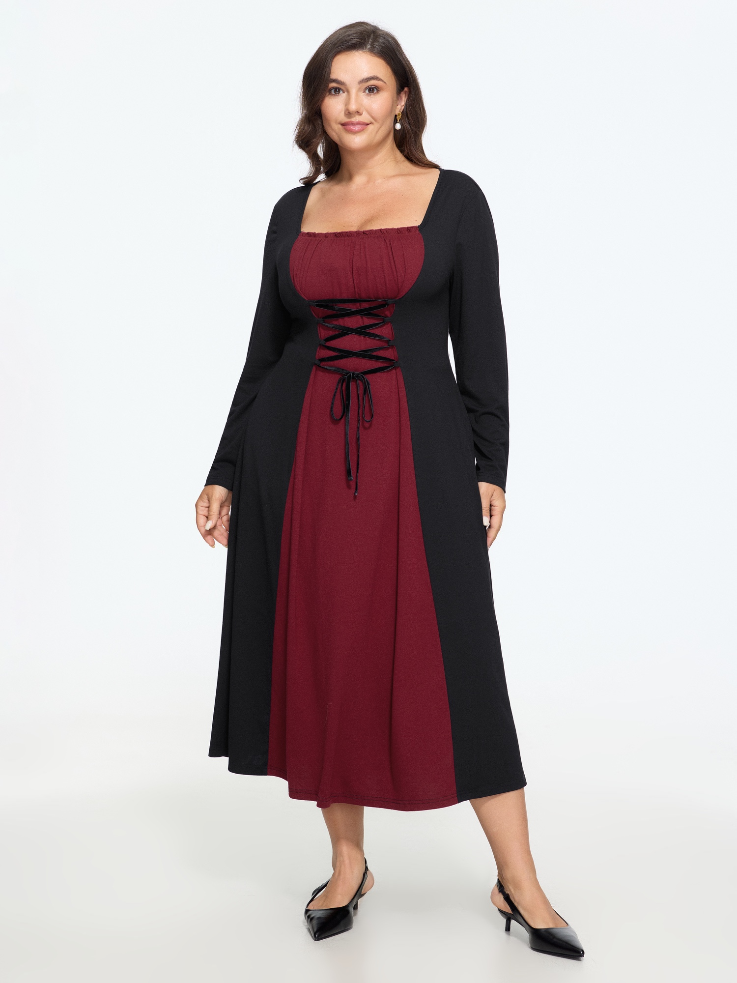 BloomChic Women's Plus Size Stretchy Knit Adjustable Tie Frill Trim Midi Dress Black Everyday-Elegant Midi Colorblock Off-Shoulder 10/M