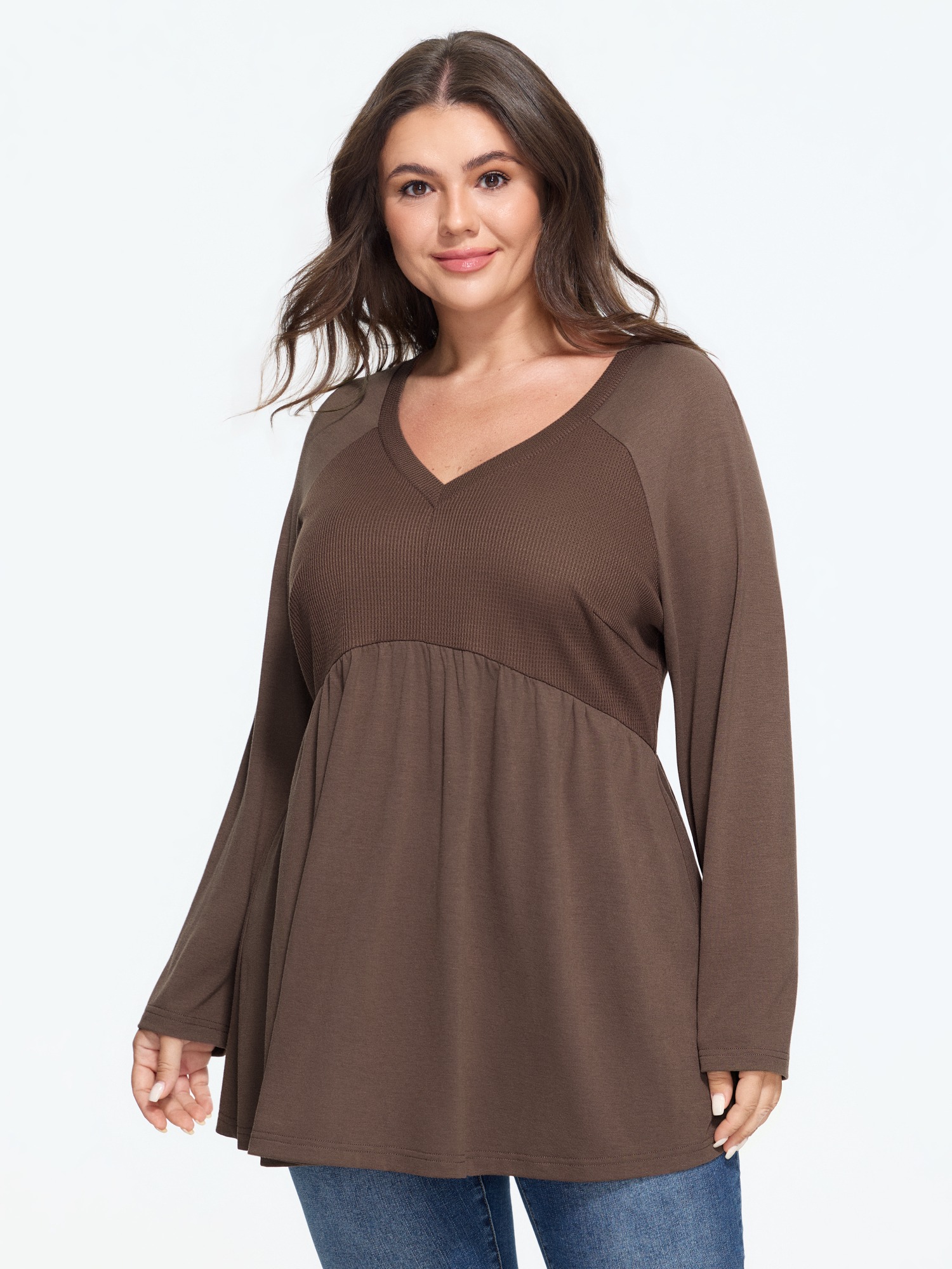 BloomChic Women's Plus Size Supersoft V Neck Patchwork Waffle Knit Sweatshirt Root Beer Everyday-Casual V-Neck 10/M