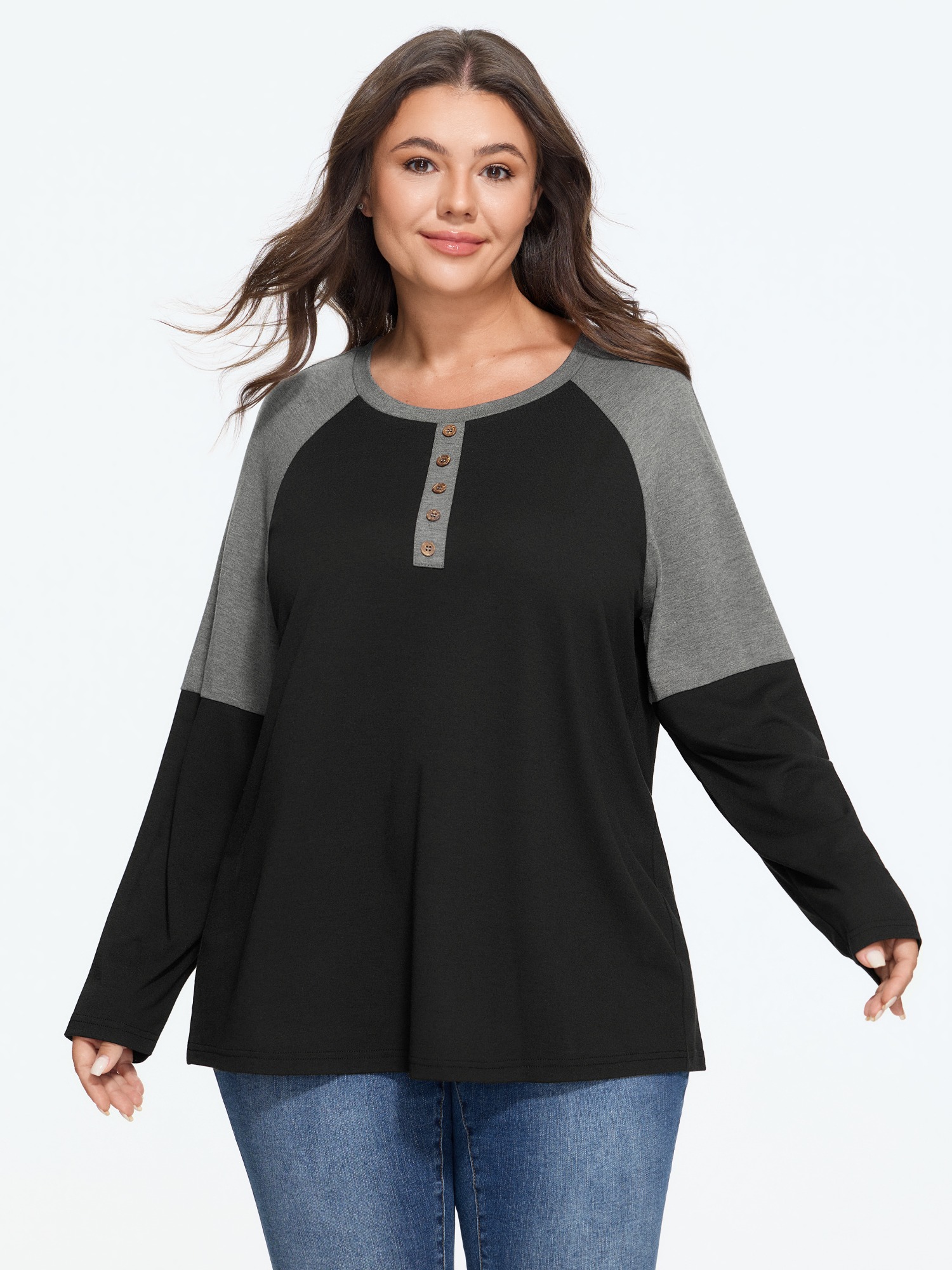 BloomChic Women's Plus Size Supersoft Color Block Raglan Sleeve Button Front T-Shirt Black Color Block Everyday-Casual Long Sleeve Round Neck 10/M