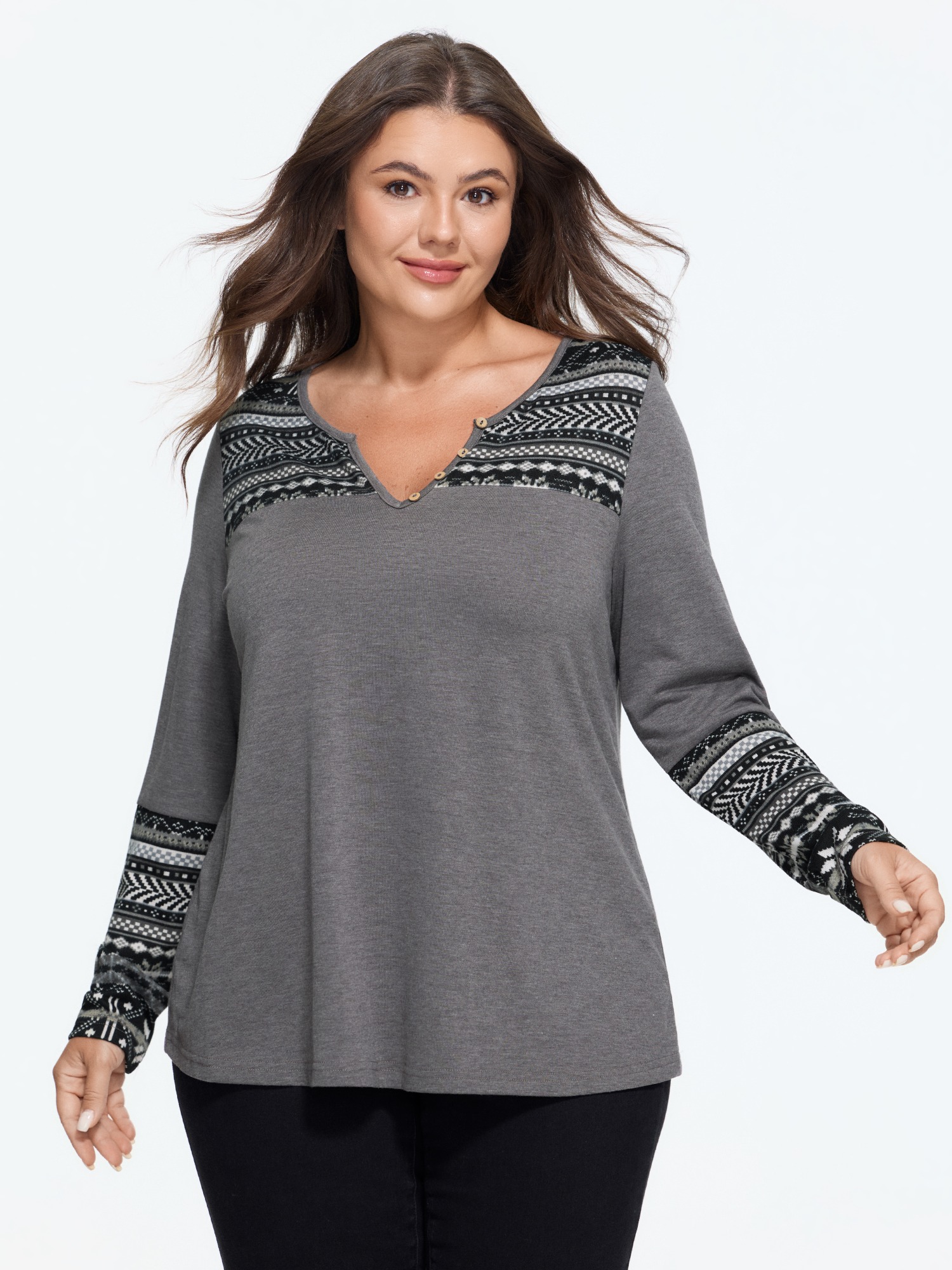 BloomChic Women's Plus Size Supersoft Boho Print Patchwork Long Sleeve T-Shirt Dark Core Ethnic Floral Everyday-Casual Long Sleeve V-Notch Neck 10/M