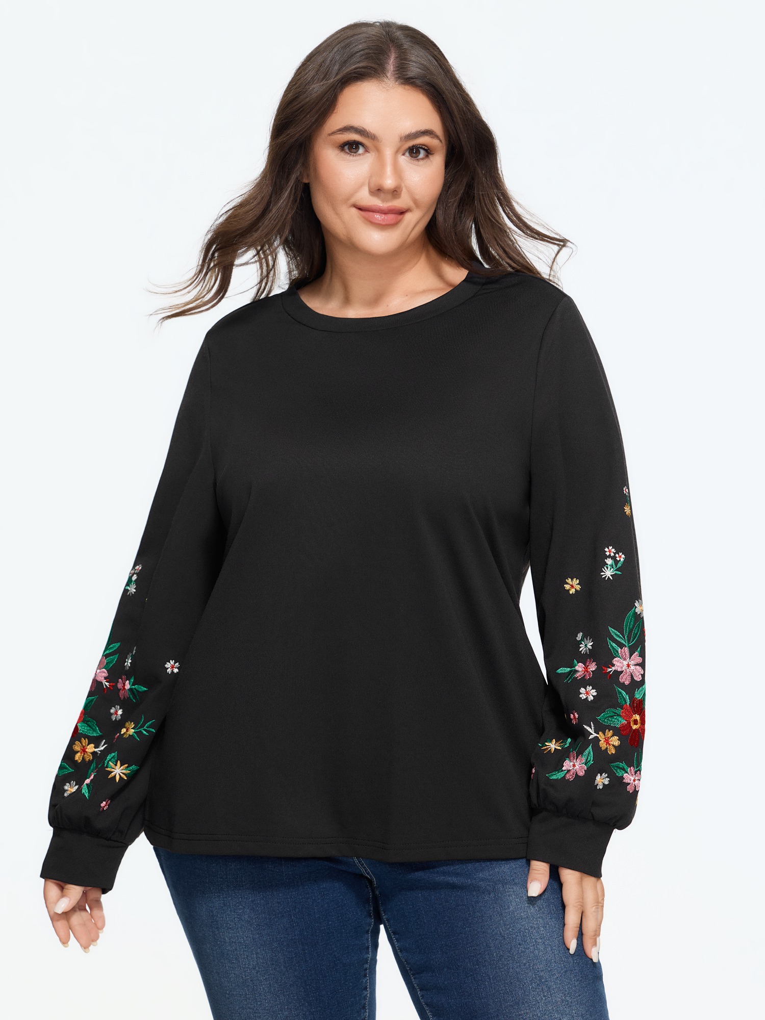 BloomChic Women's Plus Size Floral Embroidery Sleeve Casual Sweatshirt Black Everyday-Casual Round Neck 10/M