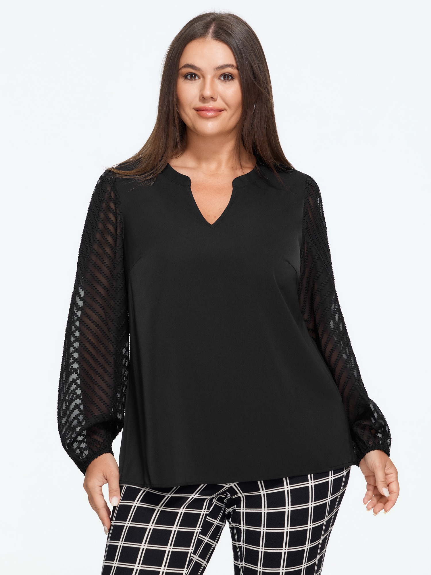 BloomChic Women's Plus Size Sheer Textured Striped Long Sleeve Blouse Black Solid Office Long Sleeve V-Notch Neck 10/M