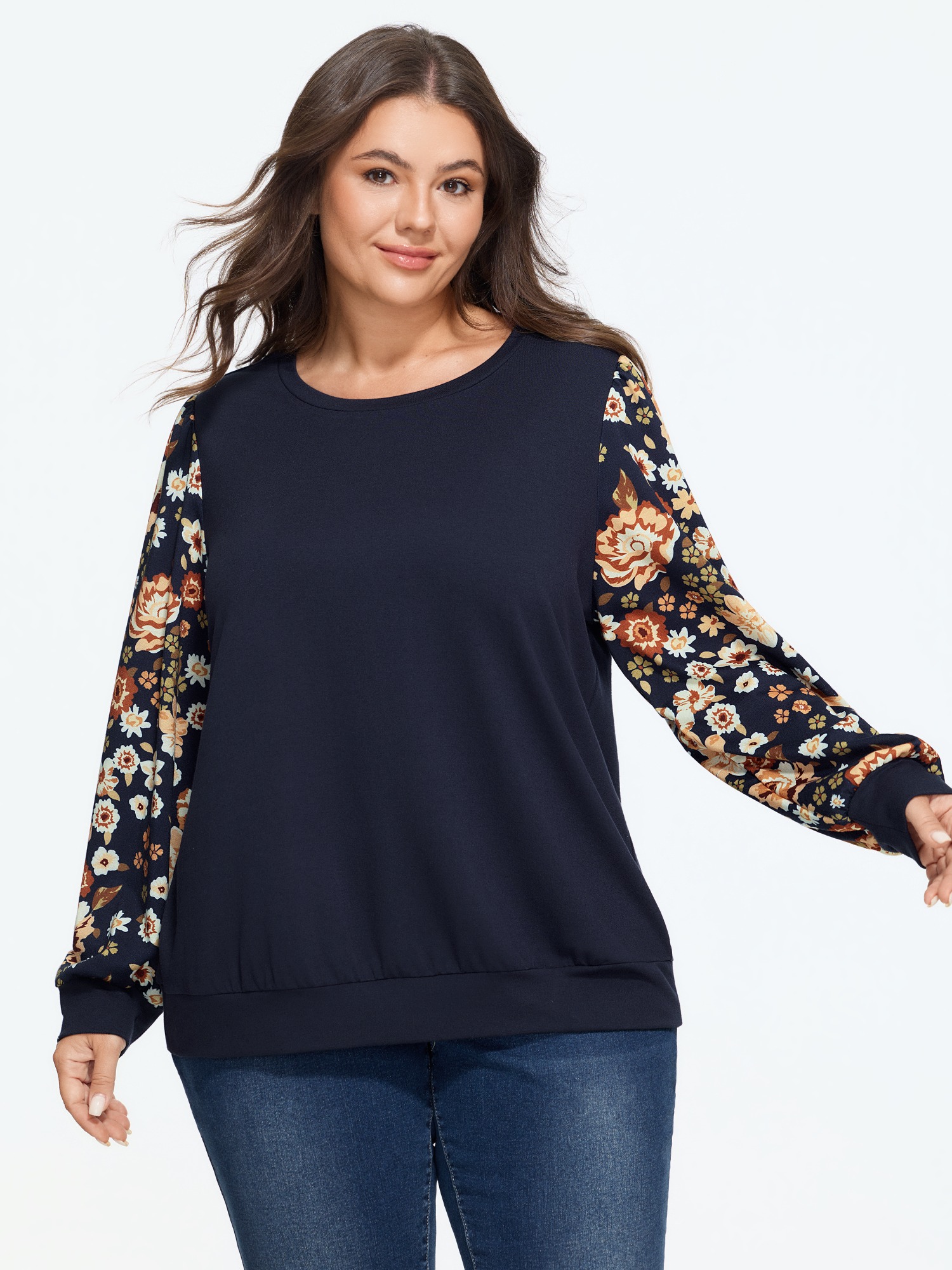 BloomChic Women's Plus Size Floral Print Long Sleeve Patchwork Sweatshirt Ocean Everyday-Casual Round Neck 10/M