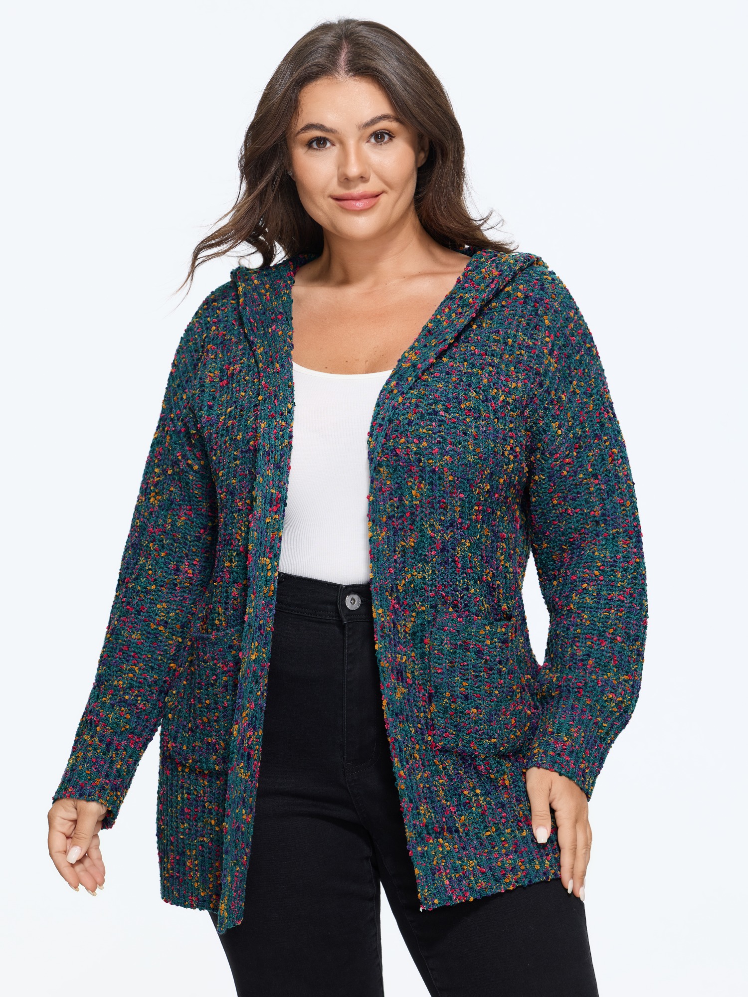 BloomChic Women's Plus Size Textured Multicolor Speckled Hooded Cardigan Sea Moss Long Sleeve Hooded Neck 10/M