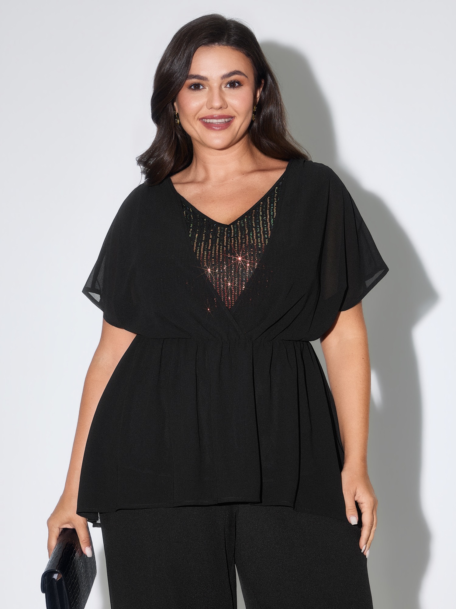 BloomChic Women's Plus Size Sequin Panel Chiffon Batwing Sleeve Blouse Black Solid Occasion Short sleeve V-Neck 10/M