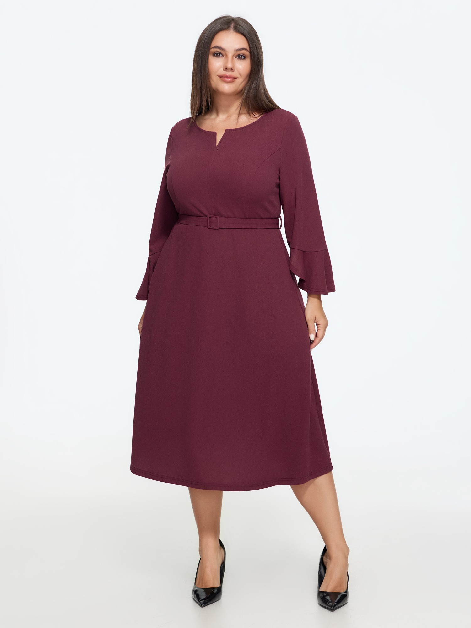 BloomChic Women's Plus Size Stretchy Ruffle Flare Sleeve Belted Midi Dress Merlot Solid Mini Office Ruffles 22-24/3X