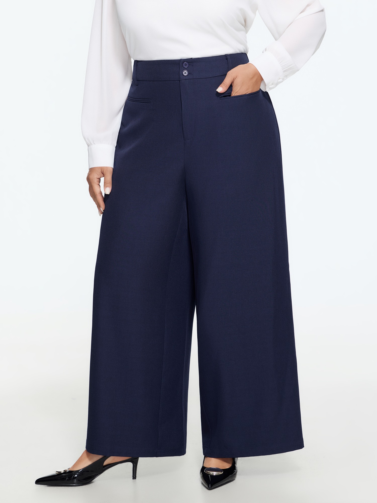 BloomChic Women's Plus Size Double Button Pocket Wide Leg Pants Ocean Solid Wide leg Mid Rise Office 10/M