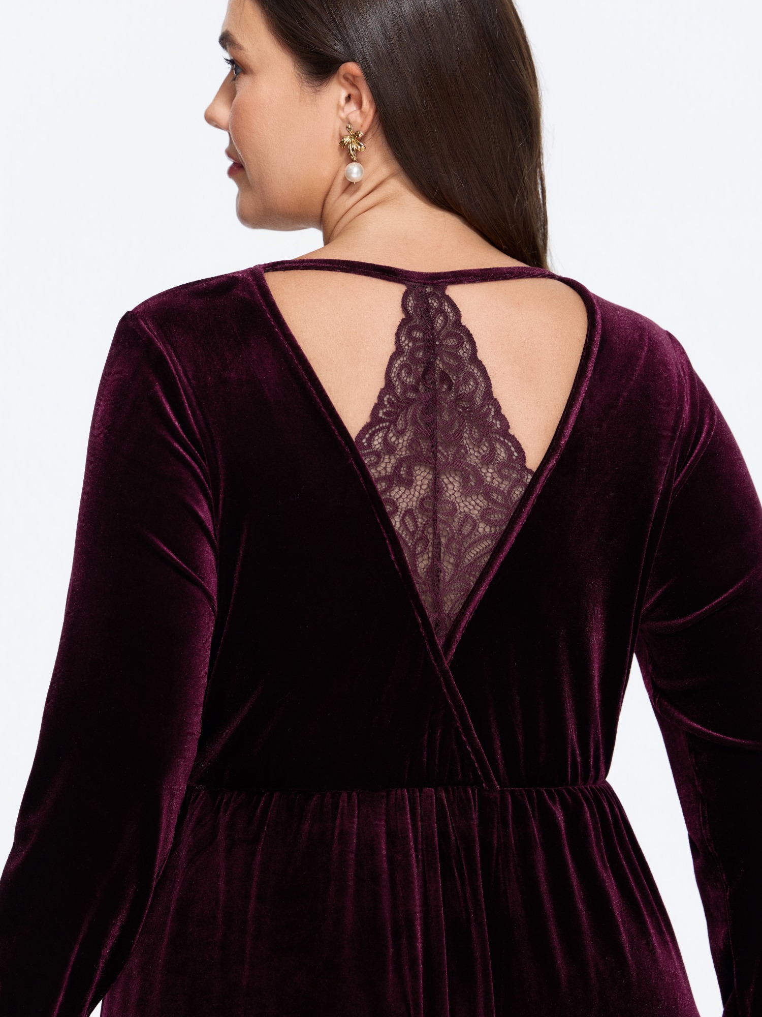 BloomChic Women's Plus Size Velvet Back Lace Cutout Midi Dress Merlot Solid Midi Everyday-Elegant Wrap / Overlap 10/M