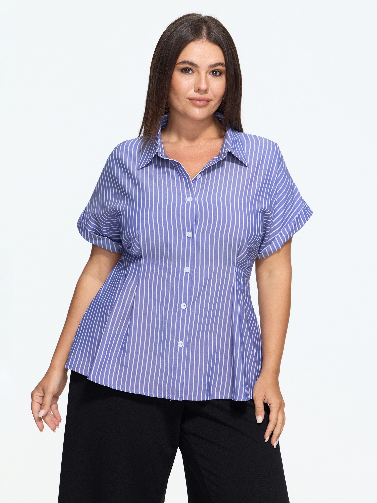 BloomChic Women's Plus Size Striped Print Cinched-Waist Button-Down Shirt Navy Office Short sleeve Collared Neck 10/M