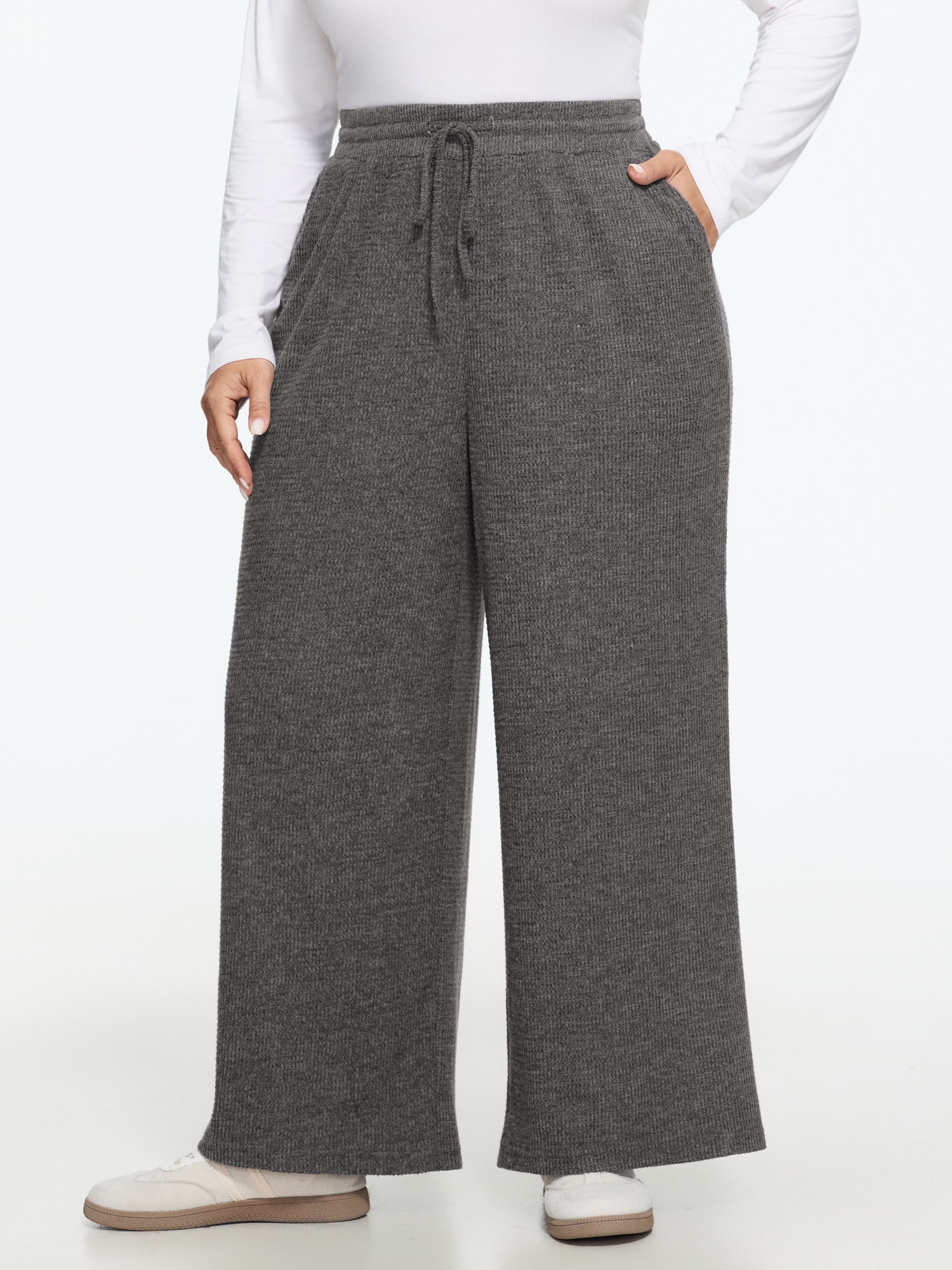 BloomChic Women's Plus Size Drawstring Waist Waffle Knit Wide Leg Pants Dark Core Marled / Heathered Wide leg Mid Rise Everyday-Casual 10/M