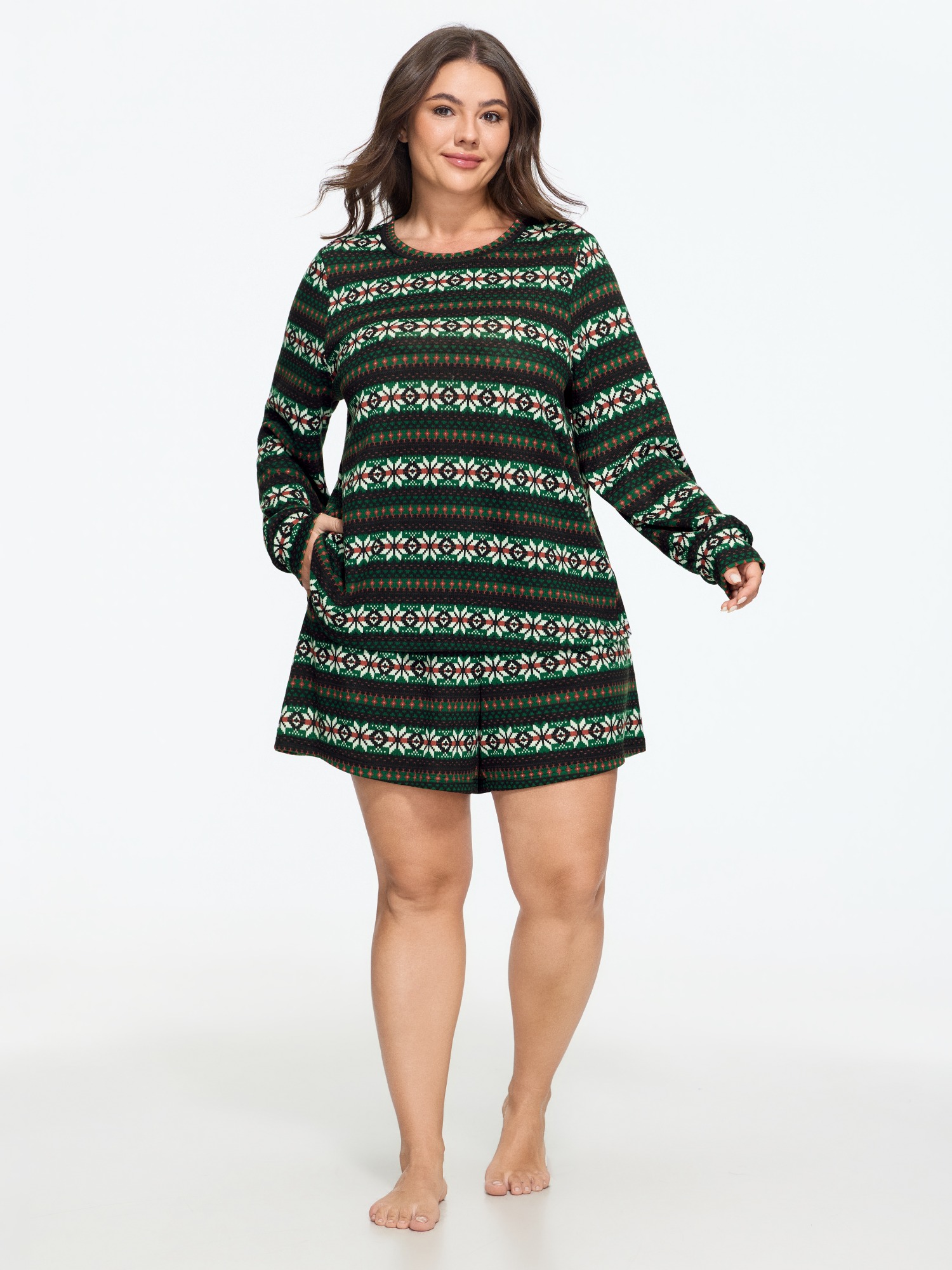 BloomChic Women's Plus Size Supersoft Christmas Snowflake Pocket Loungewear Set Truegreen Christmas Long Sleeve Non 10/M