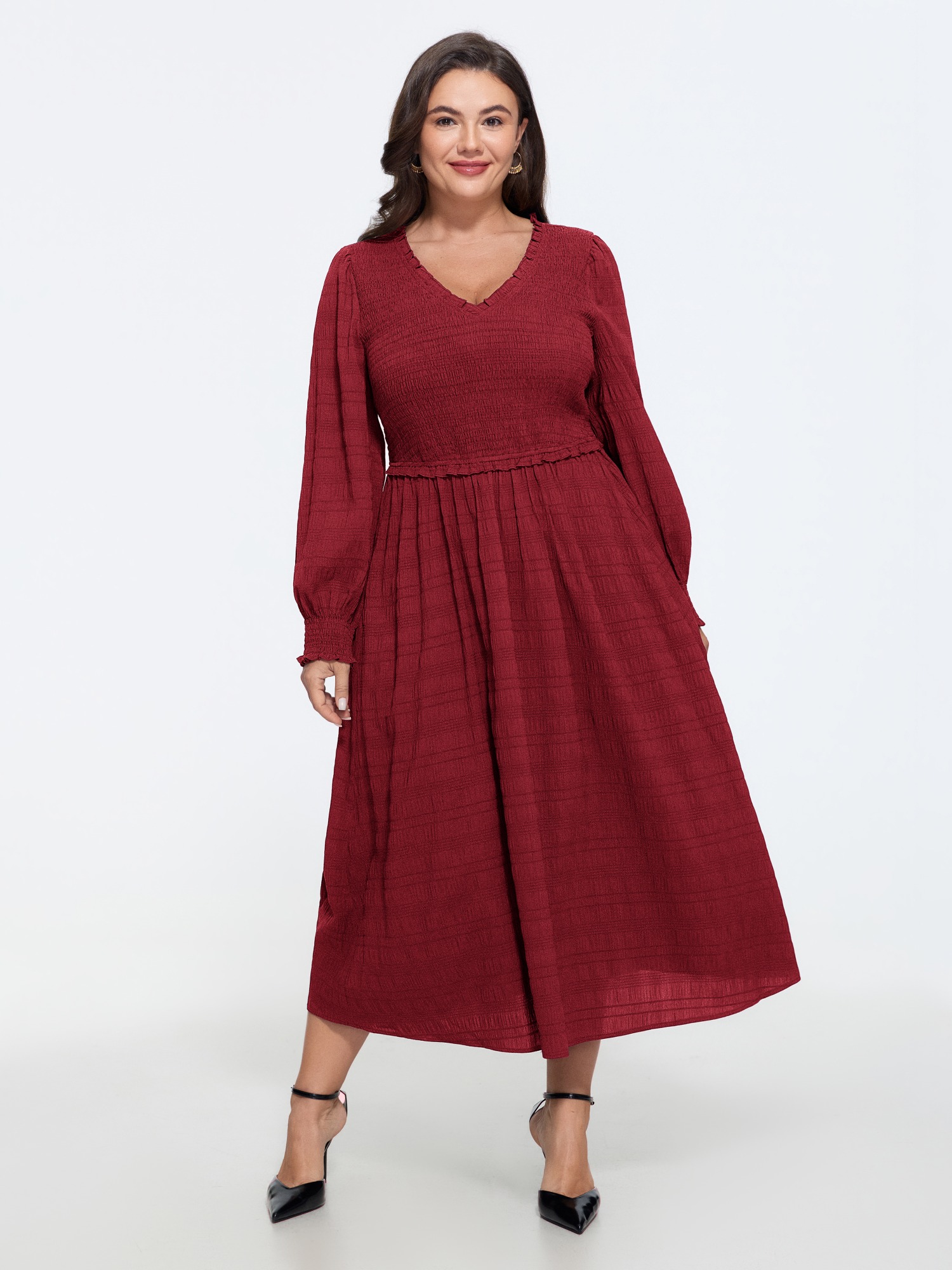 BloomChic Women's Plus Size Textured V Neck Shirred Midi Dress Lava Falls Solid Midi Everyday-Elegant Smocked 10/M