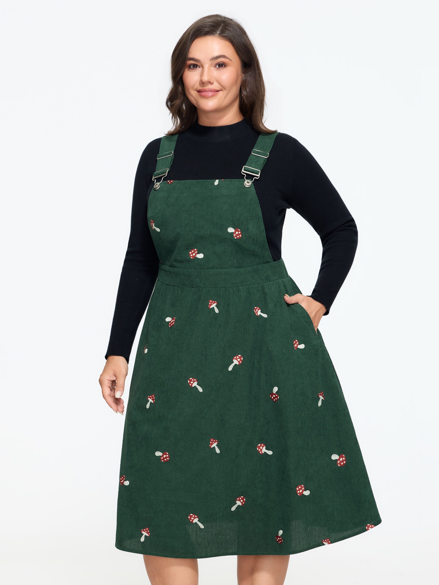 BloomChic Women's Plus Size Corduroy Mushroom Embroidery Adjustable Strap Overall Dress Hunter Green cropped Everyday-Elegant Embroidered 10/M