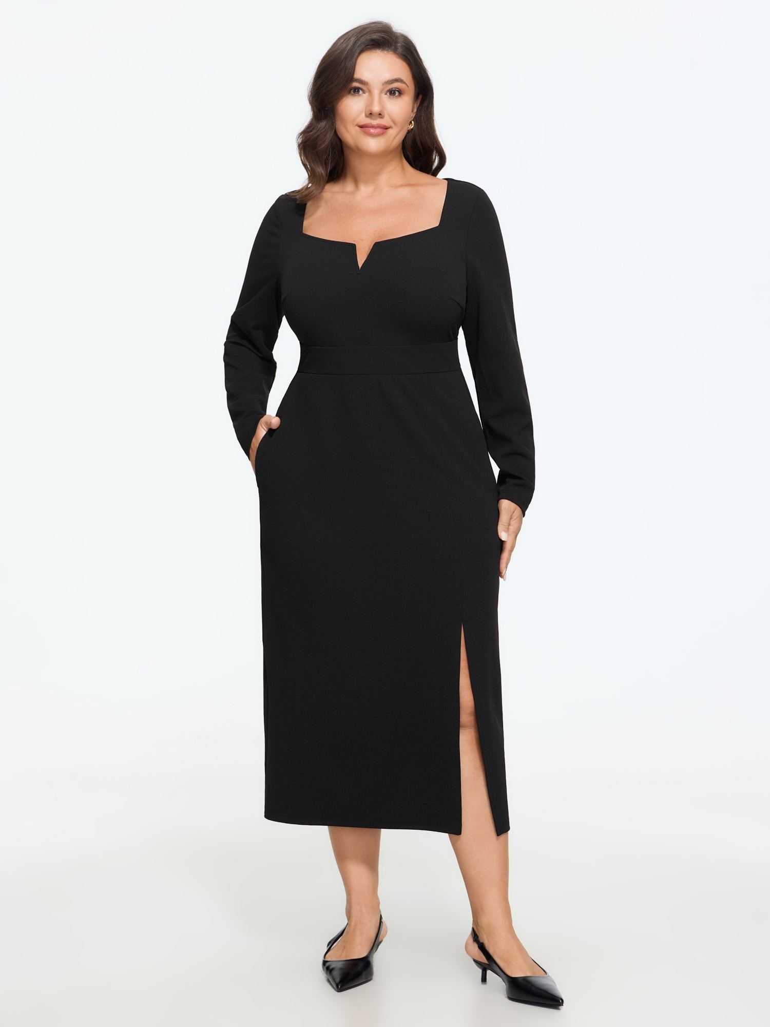 BloomChic Women's Plus Size Stretch Side Slit Lace-Up Back Midi Dress Black Solid Midi Everyday-Elegant 10/M