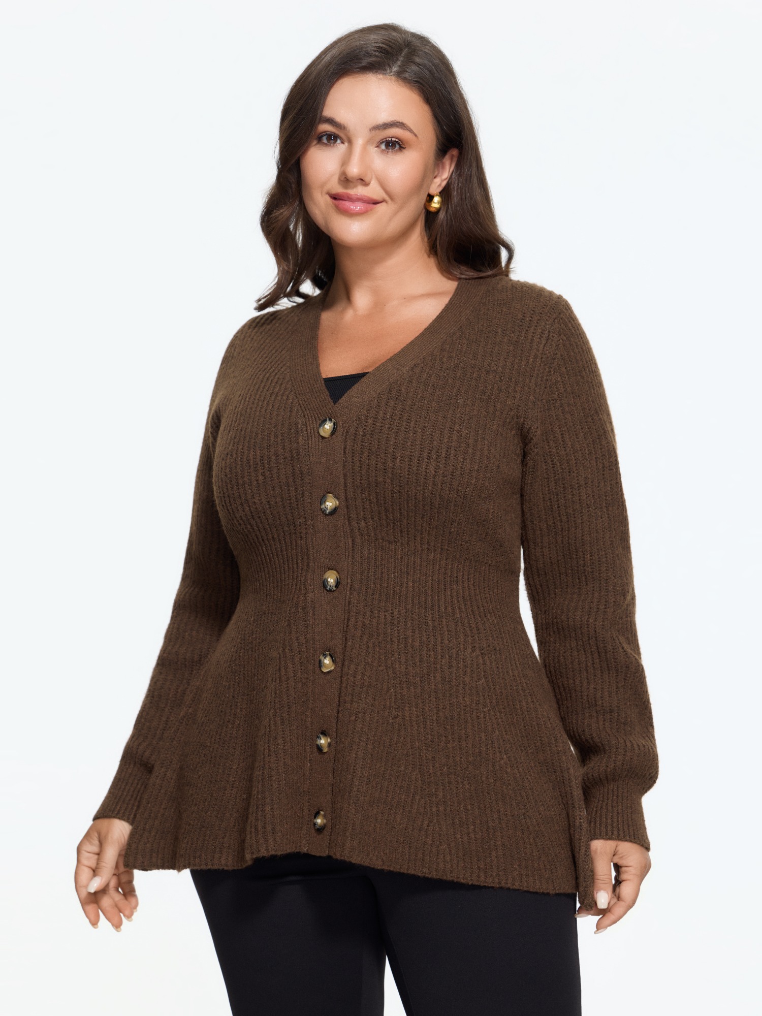 BloomChic Women's Plus Size V Neck Button Front Ribbed Knit Cardigan Chocolate Lab Long Sleeve V-Neck 10/M