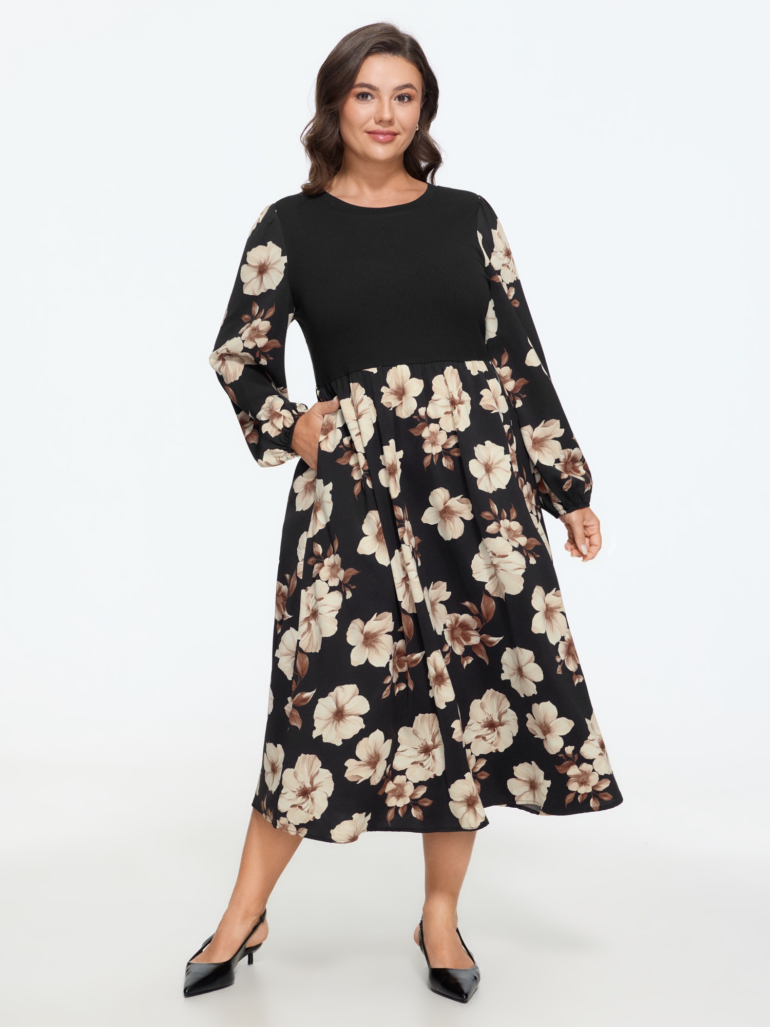 BloomChic Women's Plus Size Stretchy Floral Print Patchwork Ribbed Knit Midi Dress Black Floral Midi Everyday-Elegant Colorblock 10/M