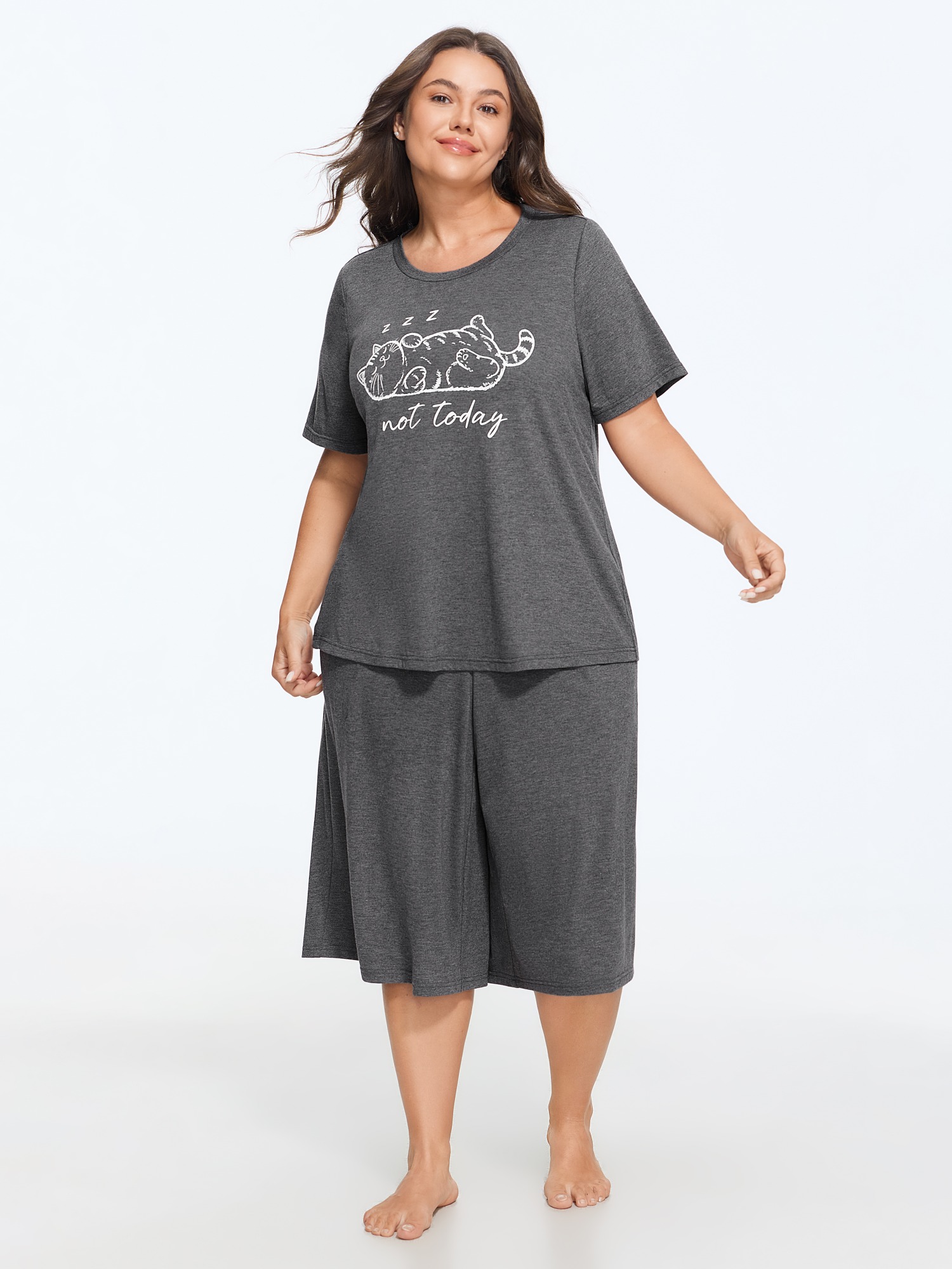 BloomChic Women's Plus Size Supersoft Stretchy Cat Print Pajama Set Dark Core 10/M