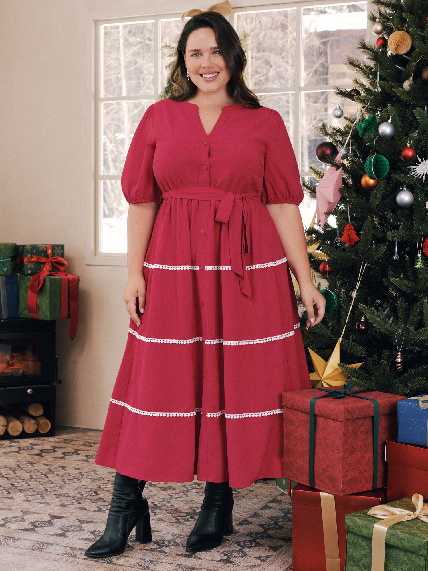 BloomChic Plus Size Lace Trim Button Front Belted Midi Dress - Curve Ladies Urban Red 节庆款 Short sleeve Solid Side Pocket Daily Dresses 34/6X