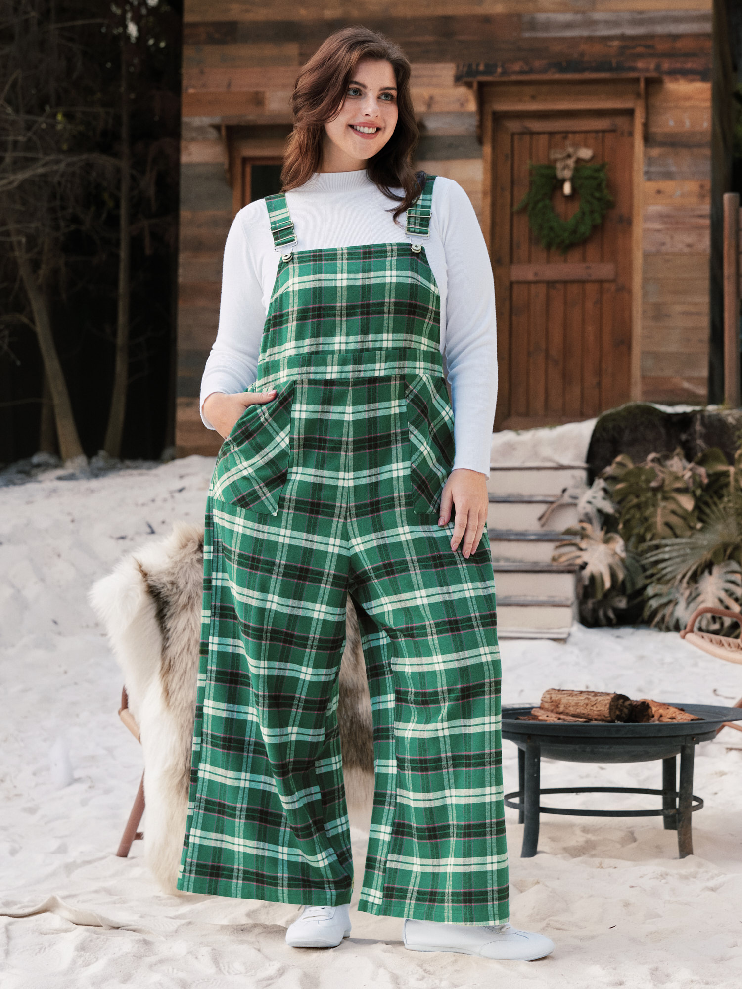 BloomChic Plus Size Plaid Pocket Overalls Wide Leg Jumpsuit - Curve Women's Multicolor Playsuit - Thigh-Friendly Patch pocket Wide leg Jumpsuits 14/M