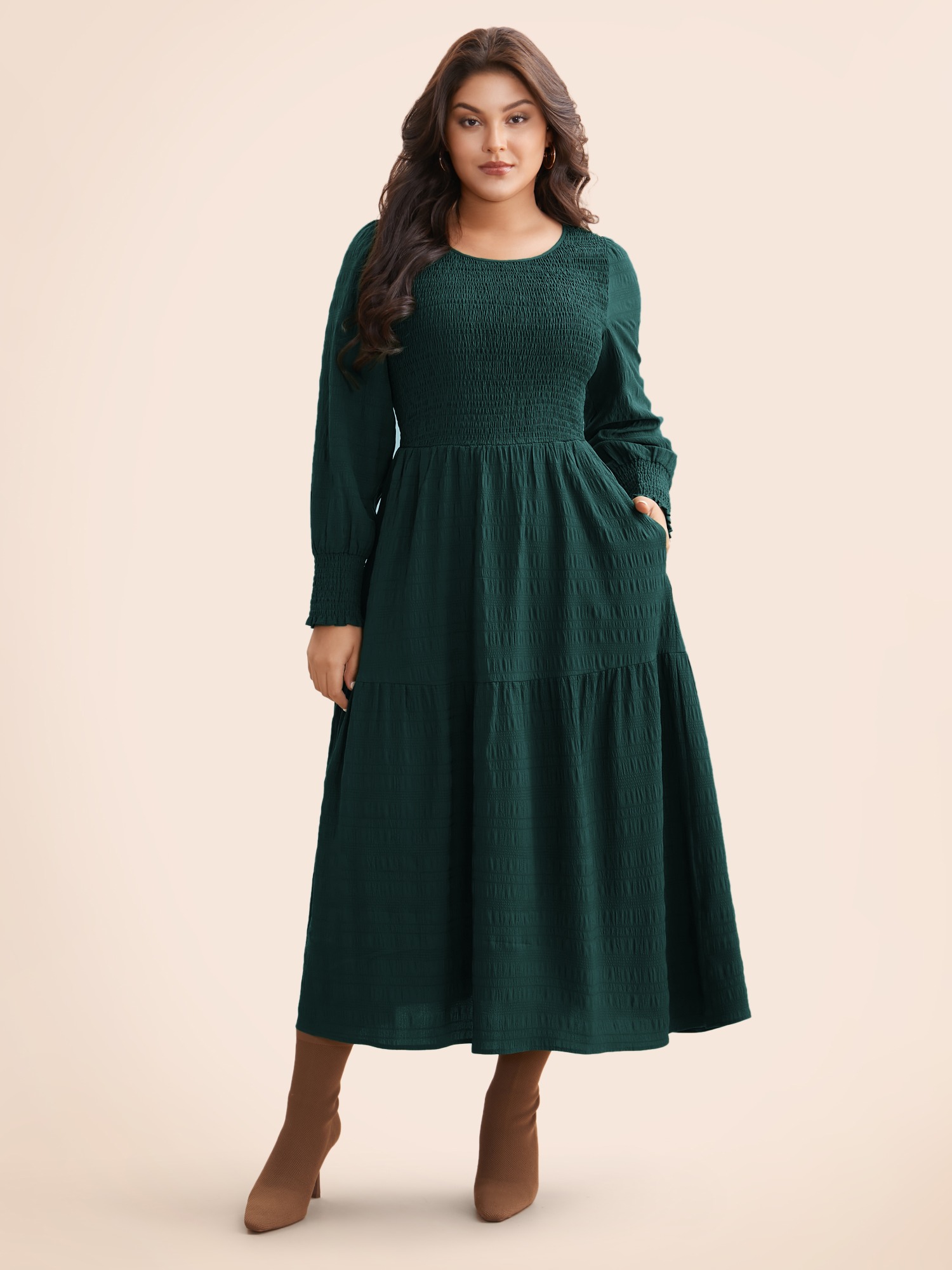 BloomChic Women's Plus Size Plain Textured Shirred Midi Dress Sea Moss Solid Midi Everyday-Elegant Smocked 10/M