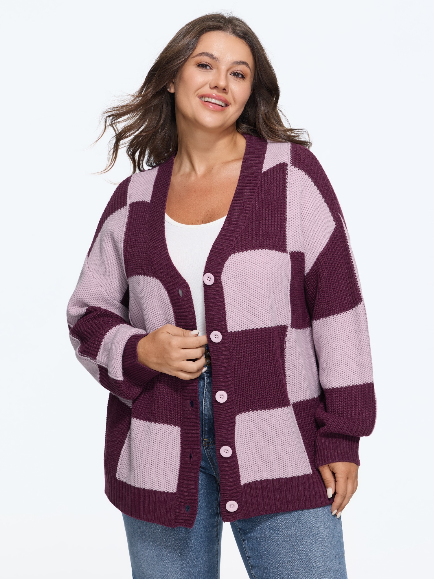 BloomChic Women's Plus Size Button Front Color Block Check Knit Cardigan Winetasting Long Sleeve V-Neck 10/M