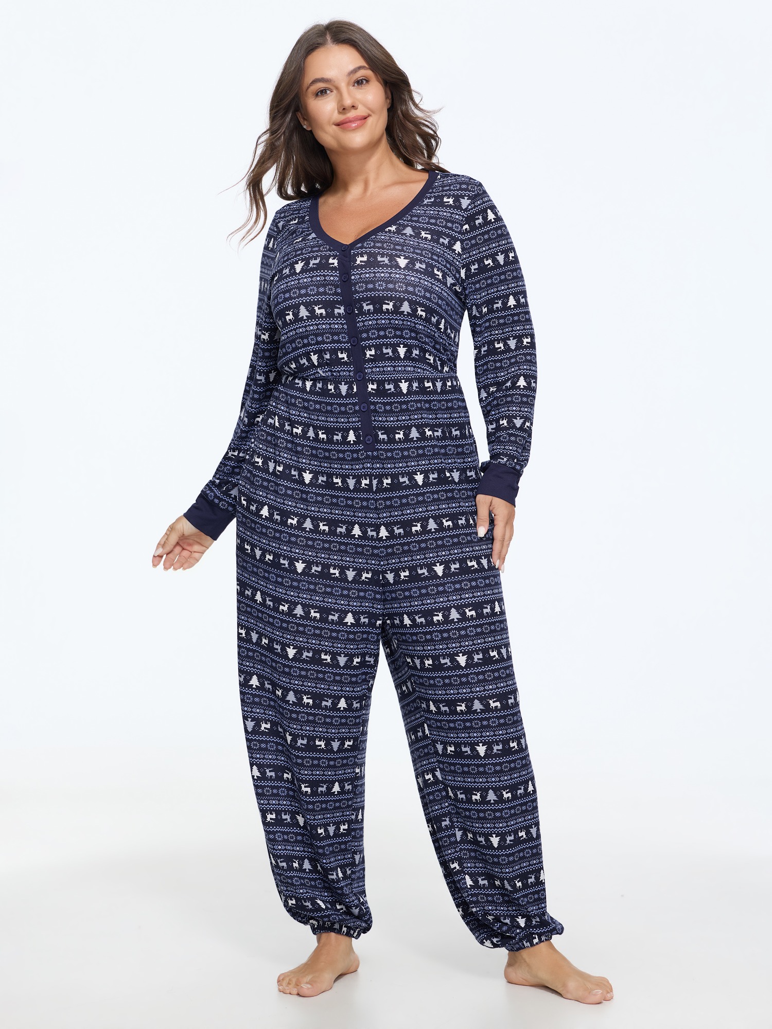 BloomChic Women's Plus Size Supersoft Fair Isle Reindeer Christmas Tree Lounge Jumpsuit Ocean 10/M