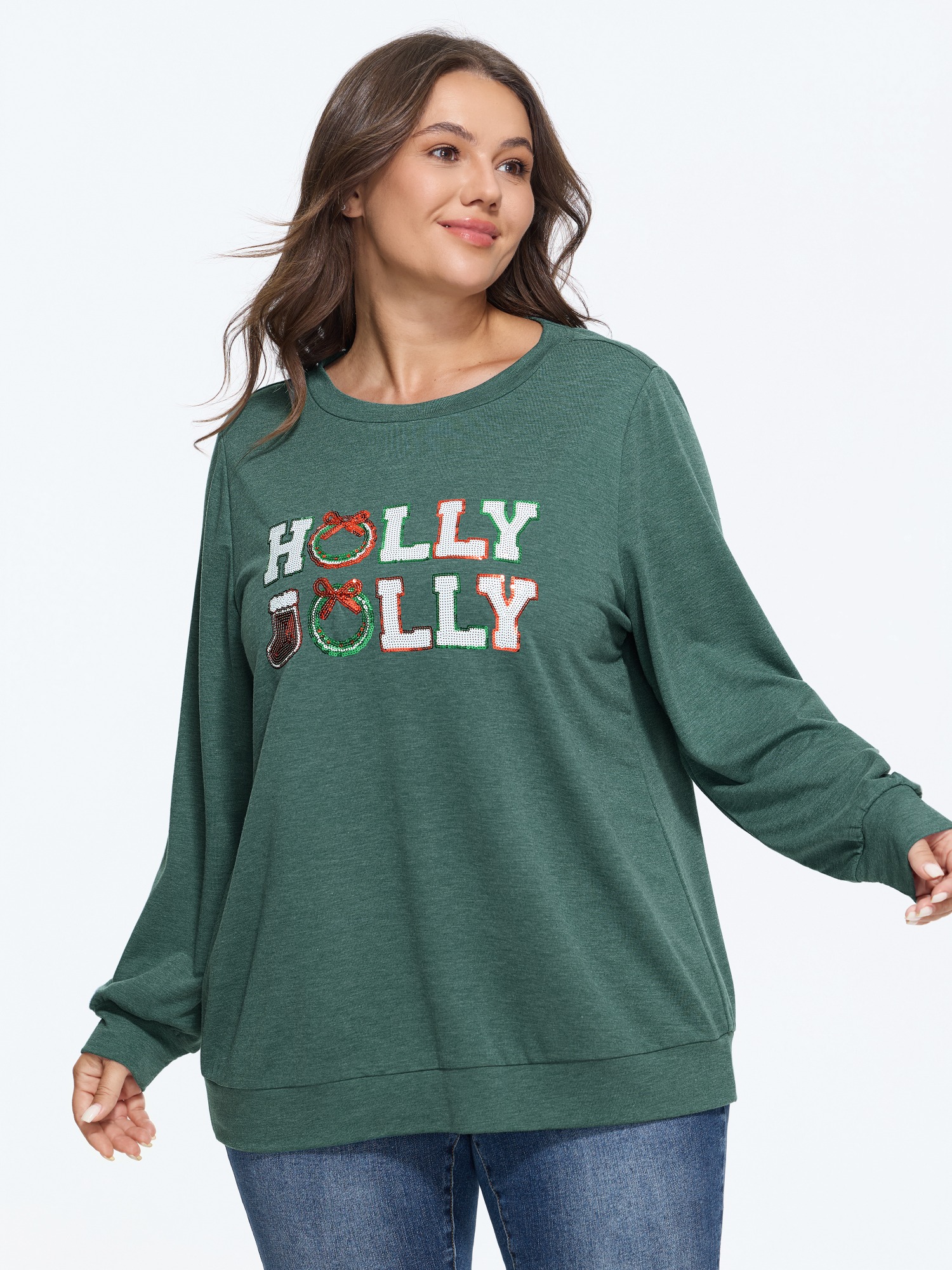 BloomChic Plus Size Sequin Holly Jolly Letter Sweatshirt - Women's Hunter Green Round Neck Comfort Midsection Fit Long Sleeve 节庆款 Sweatshirts 22-24/2X