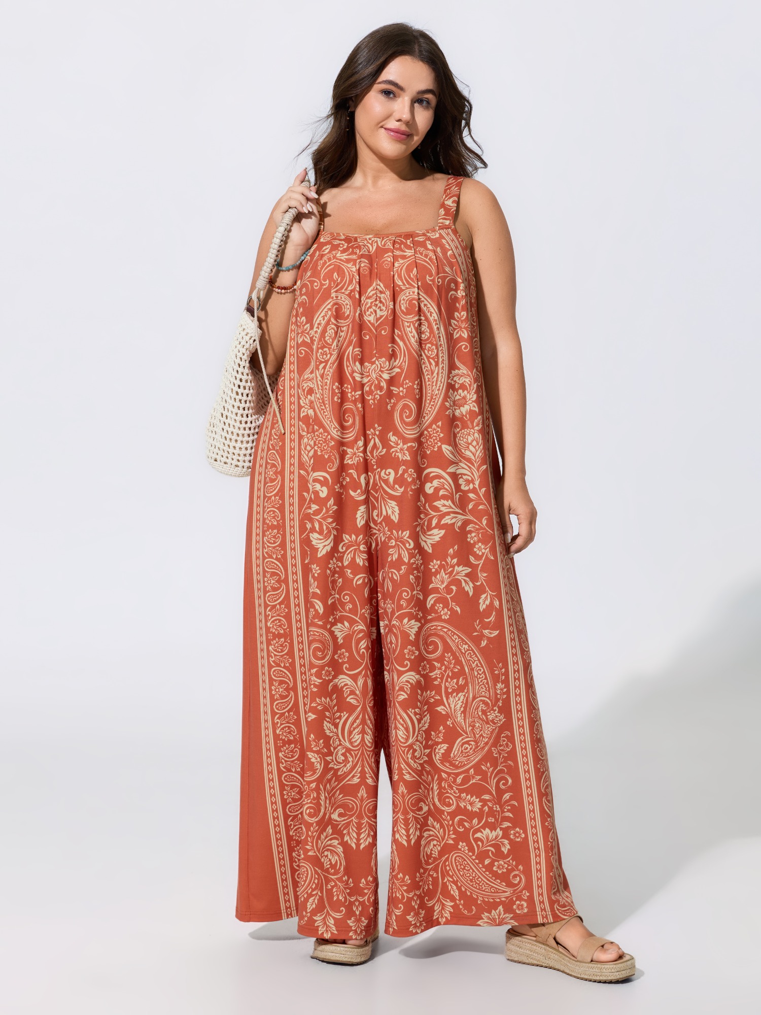 BloomChic Women's Plus Size Stretchy Paisley Print Adjustable Strap Jumpsuit Muted Clay Vacation Baggy 10/M
