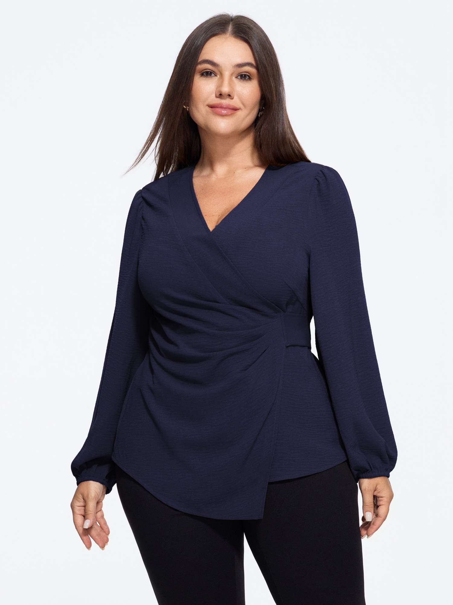 BloomChic Women's Plus Size Solid Ruched Wrap Waist Tie Blouse Ocean Cavern Solid Office Long Sleeve V-Neck 10/M