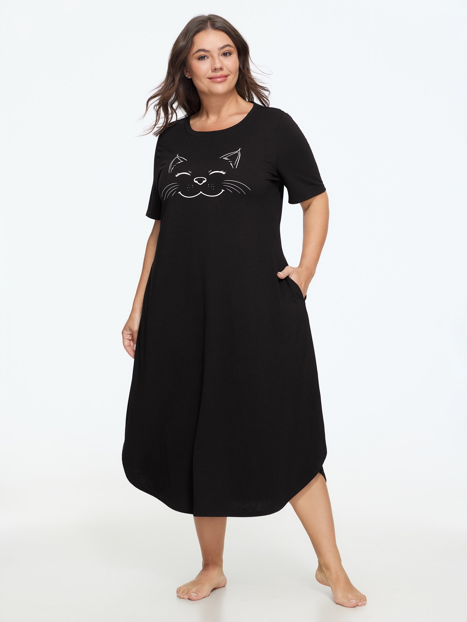 BloomChic Women's Plus Size Happy Cat Print Stretchy Contrast Nightgown Black Short sleeve Tunic Round Neck 10/M