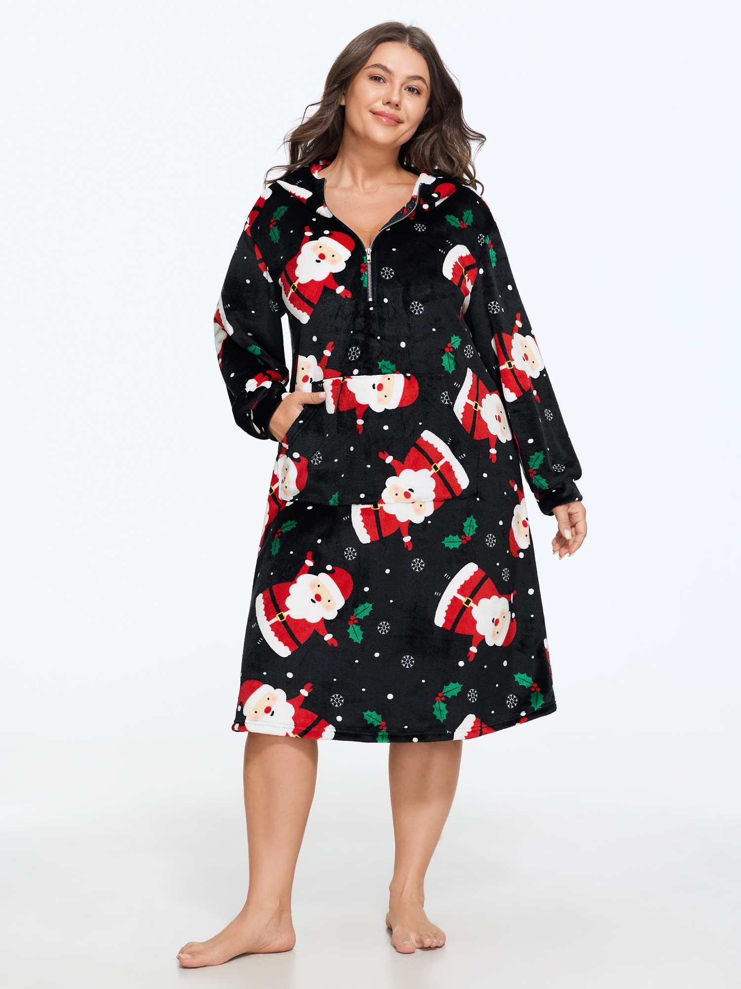 BloomChic Plus Size Santa Print Fleece Half Zip Hooded Lounge Dress - Women's Supersoft Sleep Dress Black Long Sleeve Christmas Patch pocket Easy Pull-On Lounge Dresses 16/L
