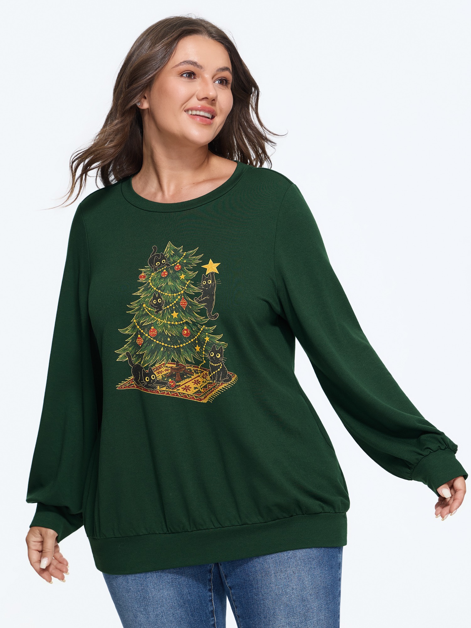 BloomChic Women's Plus Size Stretch Christmas Tree Black Cat Print Sweatshirt DarkGreen Everyday-Casual Round Neck 10/M