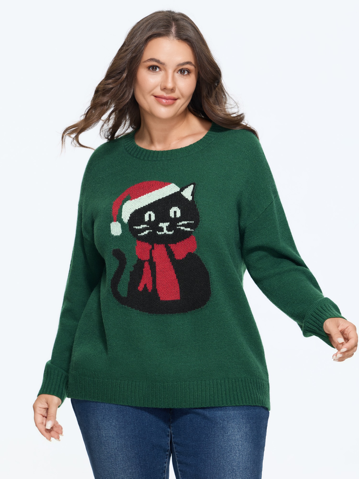 BloomChic Plus Size Santa Hat Scarf Cat Pattern Pullover - Curve Women's Winter Round Neck Straight fit Dark Green Ribbed Cuff Sleeve Pullovers 14/M