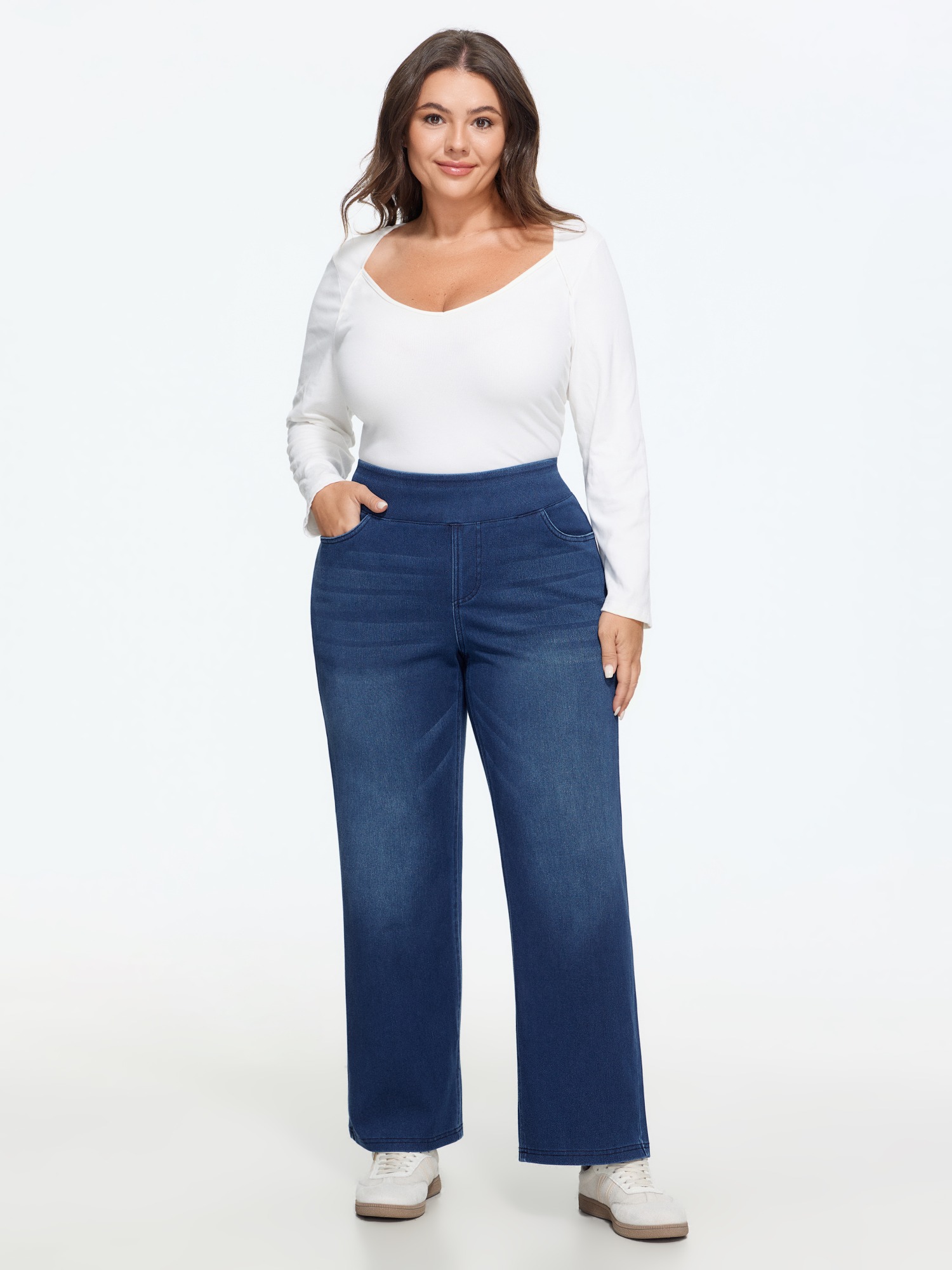 BloomChic Women's Plus Size Stretch Pull On Straight Leg Knit Jeans Denimindigo Wide Waistband Straight fit Super stretch 10/M