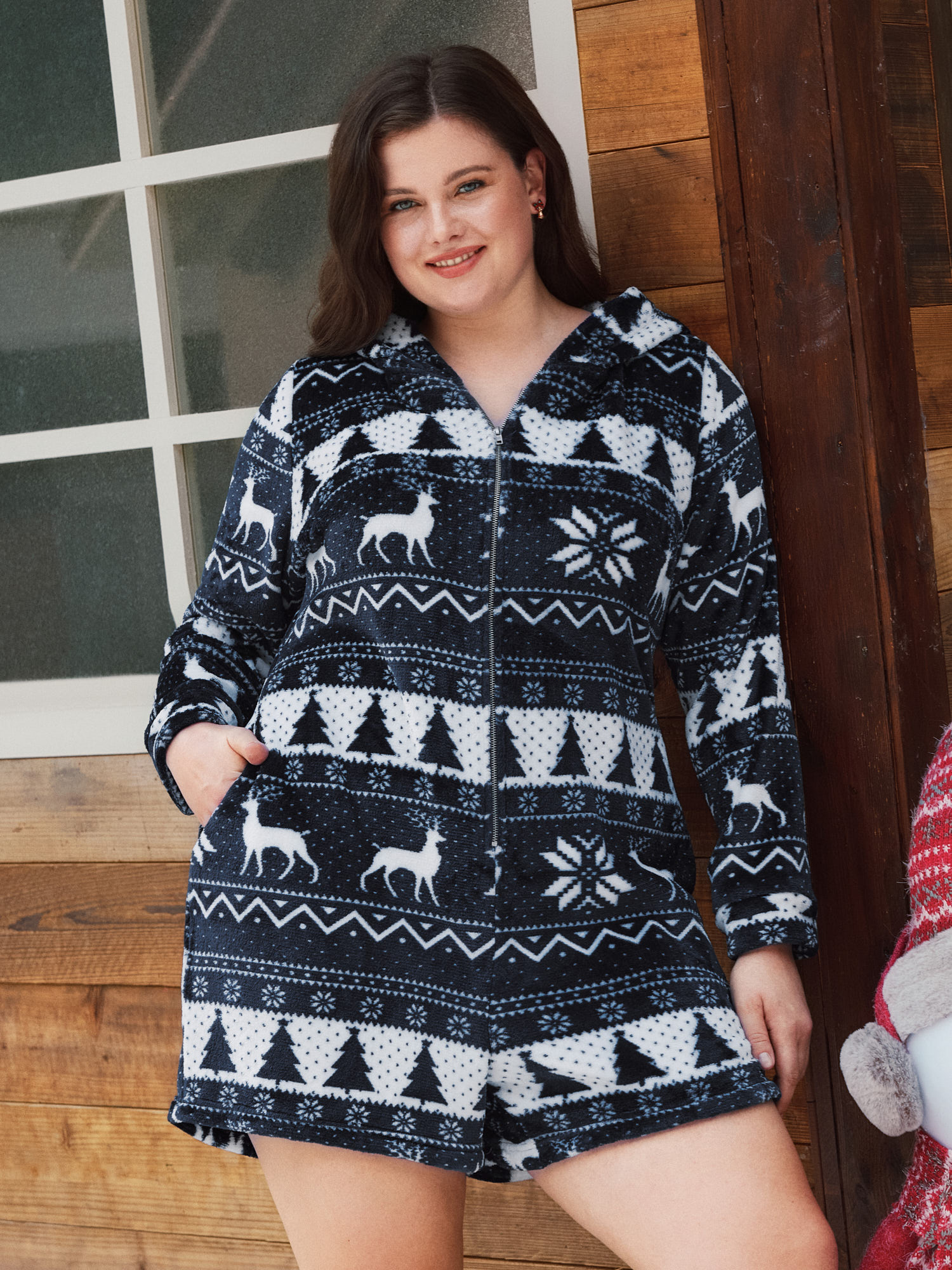 BloomChic Women's Plus Size Christmas Reindeer Snowflake Fleece Hooded Lounge Jumpsuit Estate Blue short 10/M