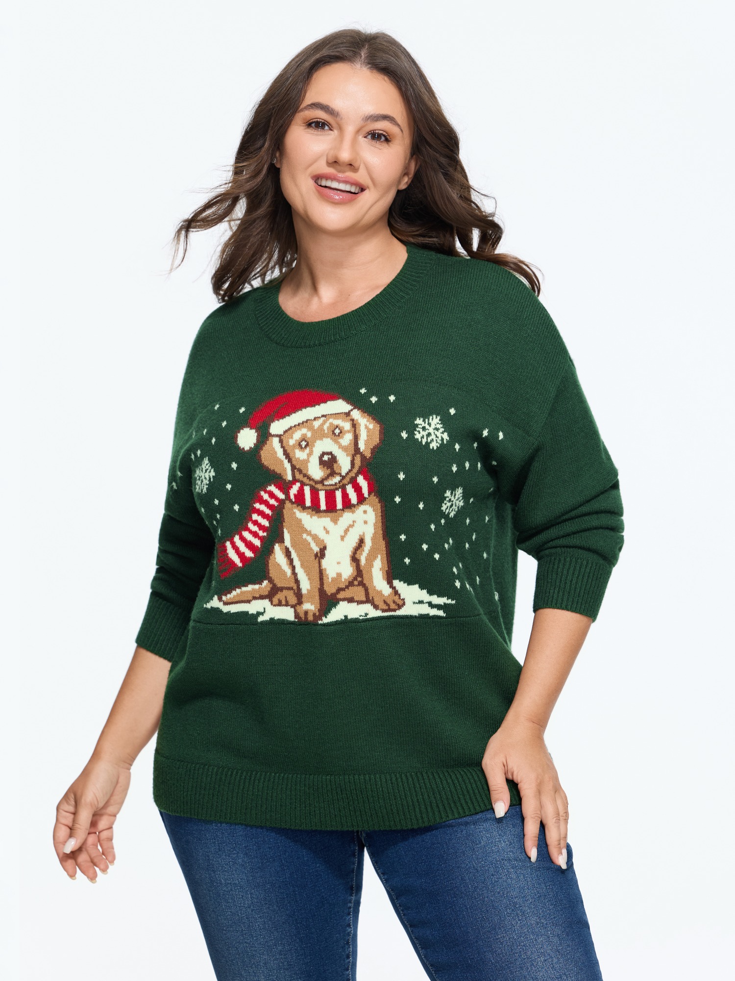 BloomChic Plus Size Christmas Puppy Pattern Crew Neck Pullover - Curve Women's Winter Round Neck Straight fit Dark Green Ribbed Cuff Sleeve Pullovers 14/M