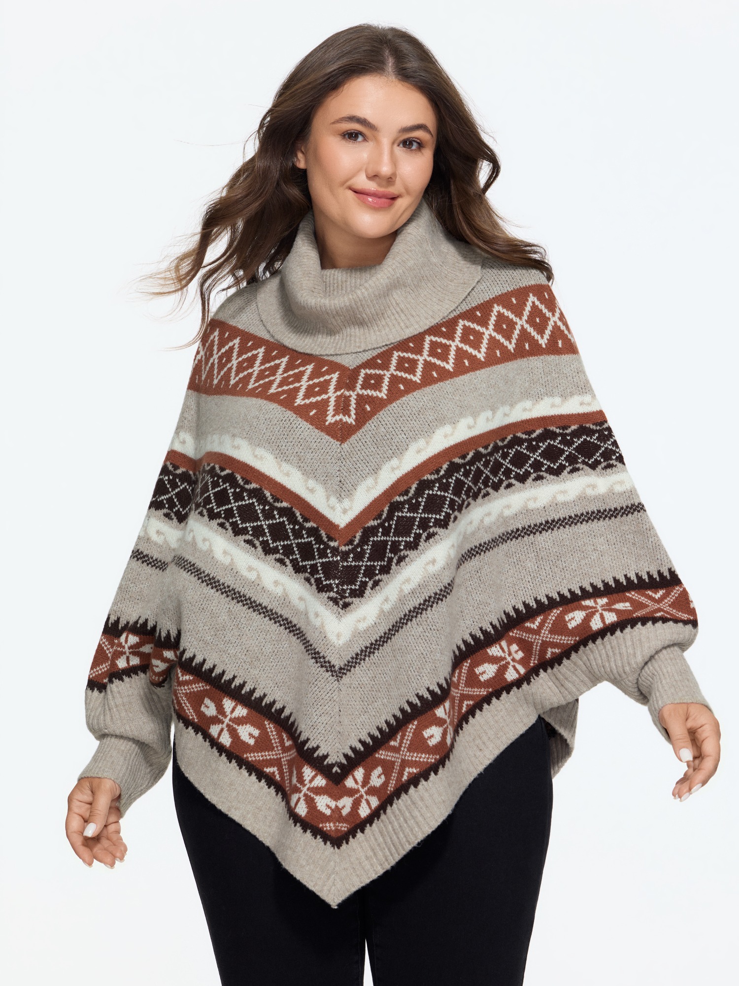 BloomChic Women's Plus Size Boho Jacquard Turtleneck Poncho Pullover Nomad Long Sleeve Funnel Neck 10/M