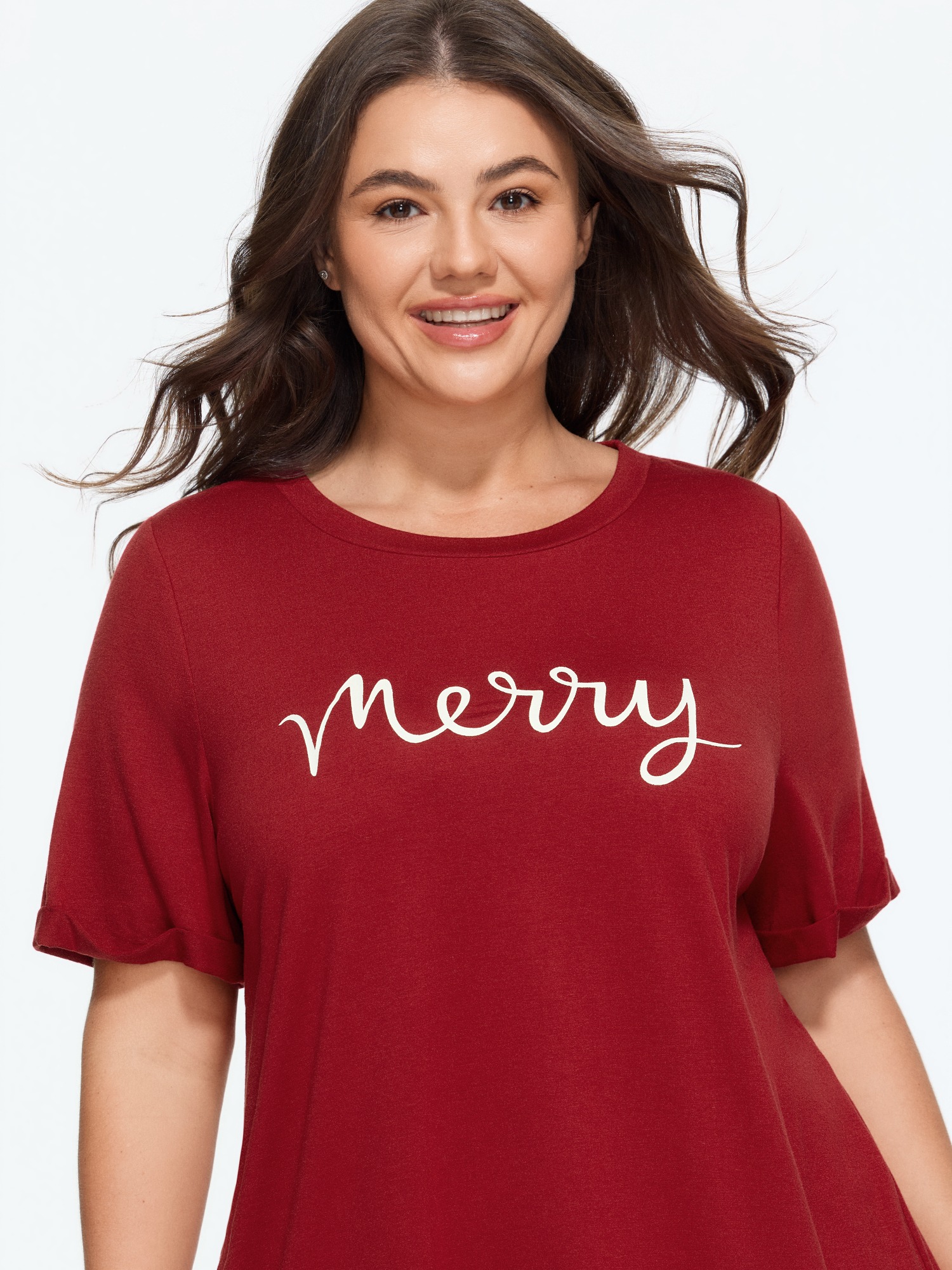 BloomChic Plus Size Supersoft Letter Graphic Round Neck T-Shirt - Women's Pompeiam Red Solid Round Neck Comfort Midsection Fit Short sleeve 节庆款 T-shirts 14/M