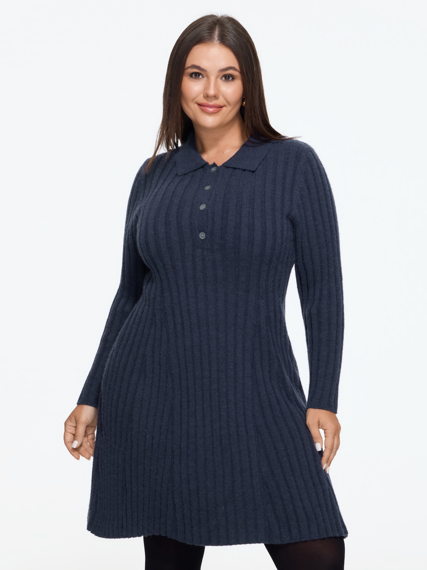 BloomChic Women's Plus Size Textured Polo Collar Button Front Sweater Dress Ocean Solid Mini 30/6X
