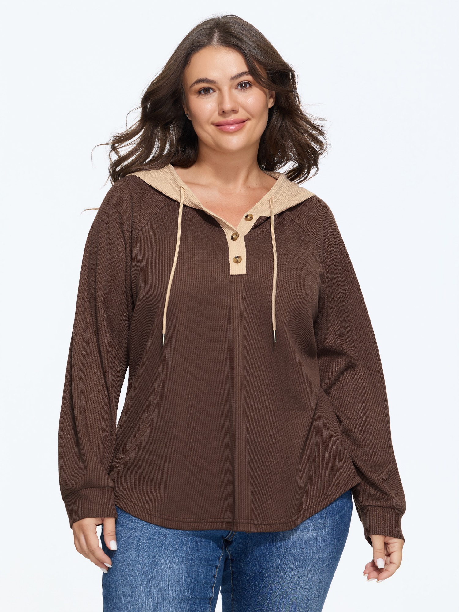 BloomChic Women's Plus Size Waffle Knit Curved Hem Color Block Hoodie Sweatshirt Acorn Everyday-Casual Hooded Neck 10/M