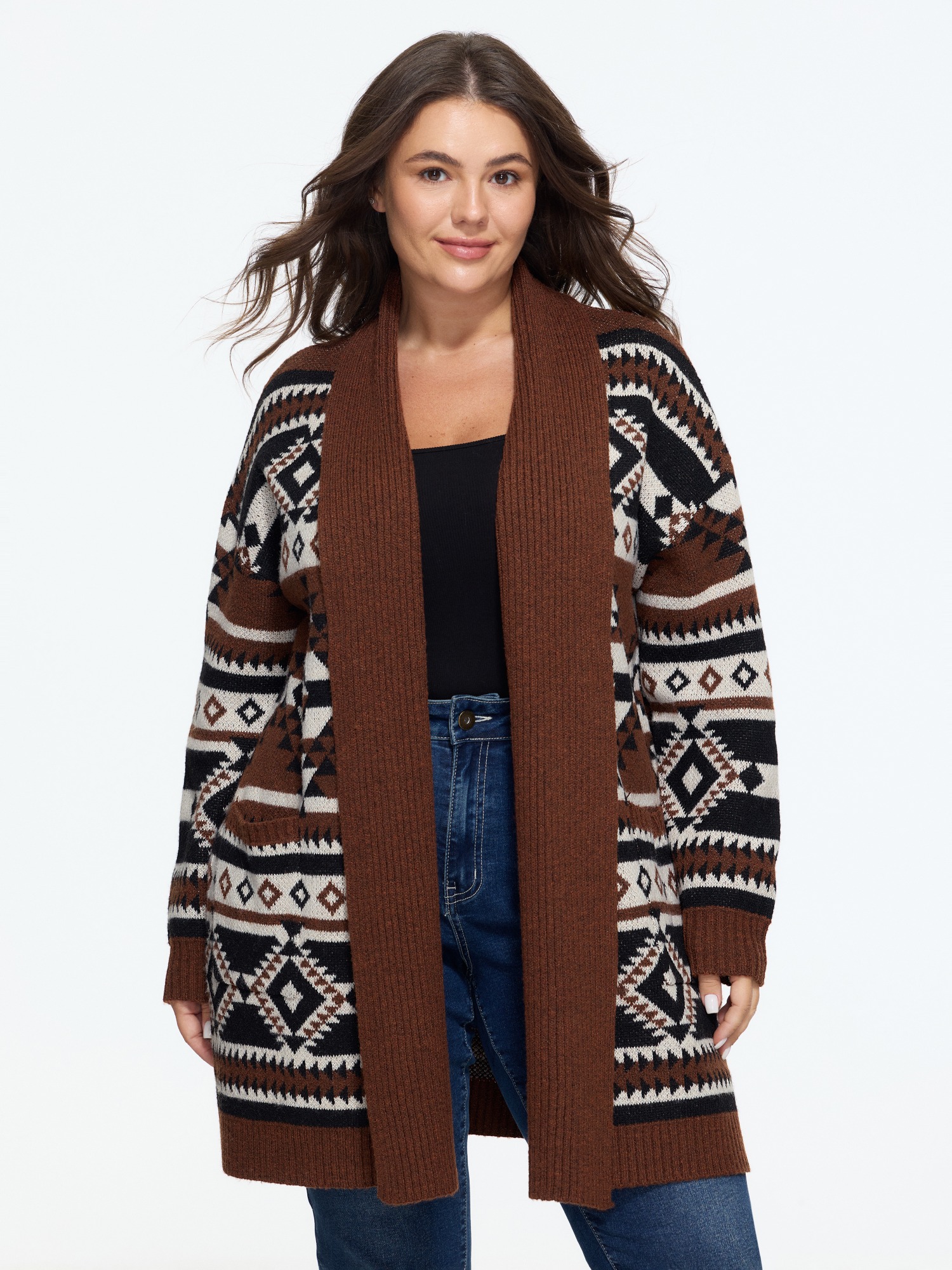 BloomChic Women's Plus Size Supersoft Boho Geometric Pattern Open Front Cardigan Potter's Clay Long Sleeve Wide Lapel 30/6X