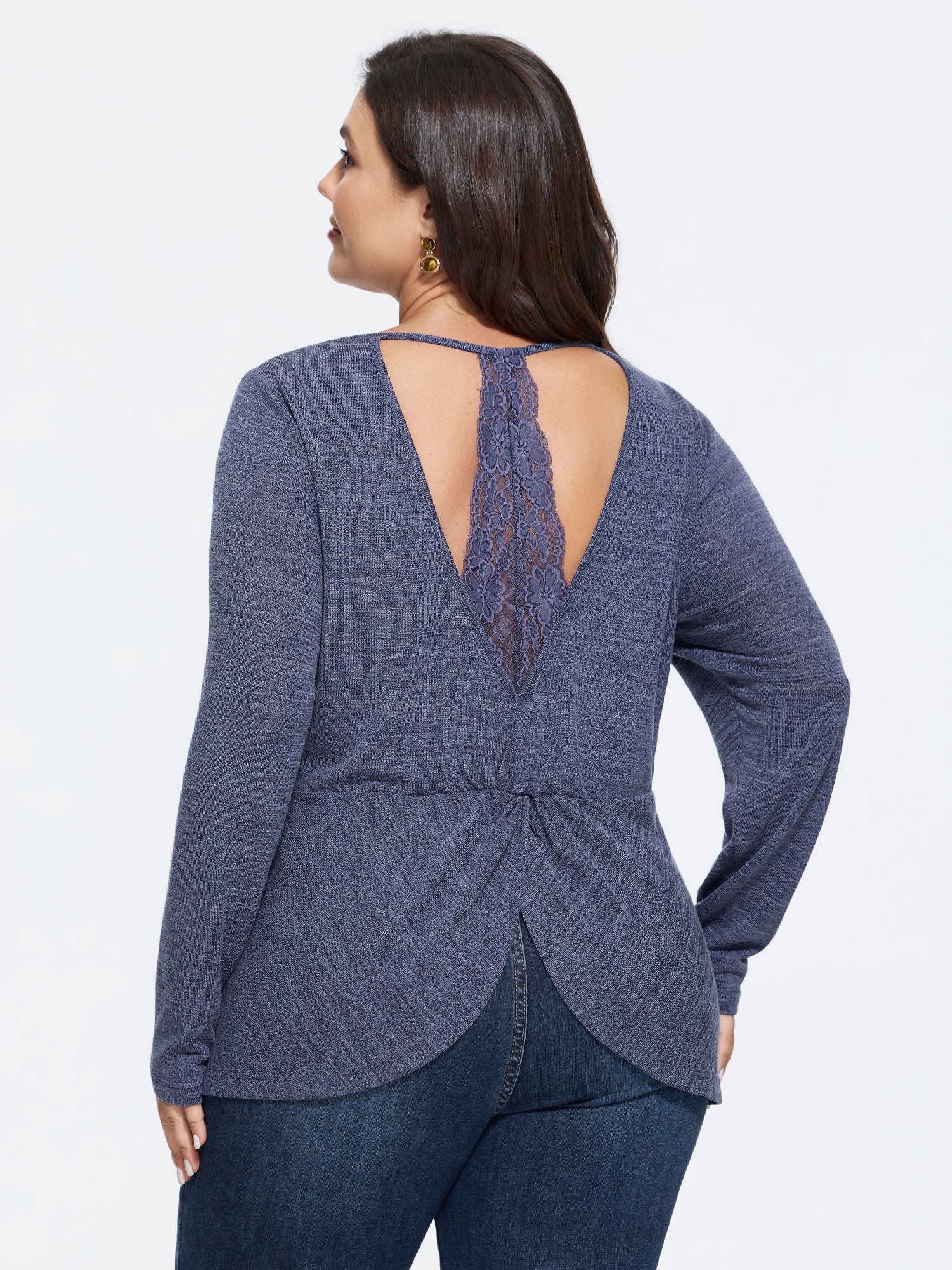 BloomChic Women's Plus Size Supersoft Backless Lace Panel Twist Top Estate Blue Long Sleeve Everyday-Elegant V-Neck 10/M
